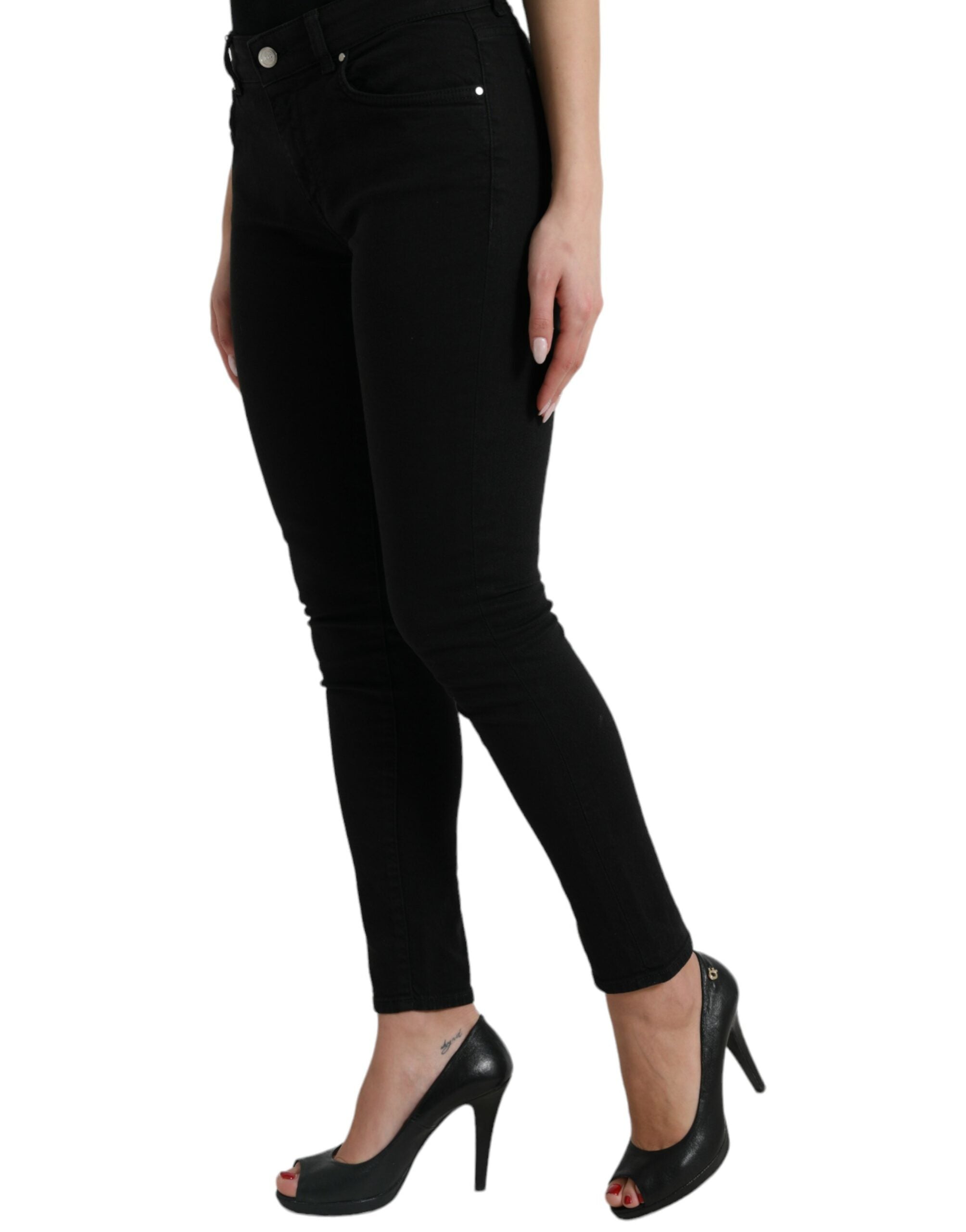 Black Cotton Mid Waist Skinny Denim Jeans - ventzia