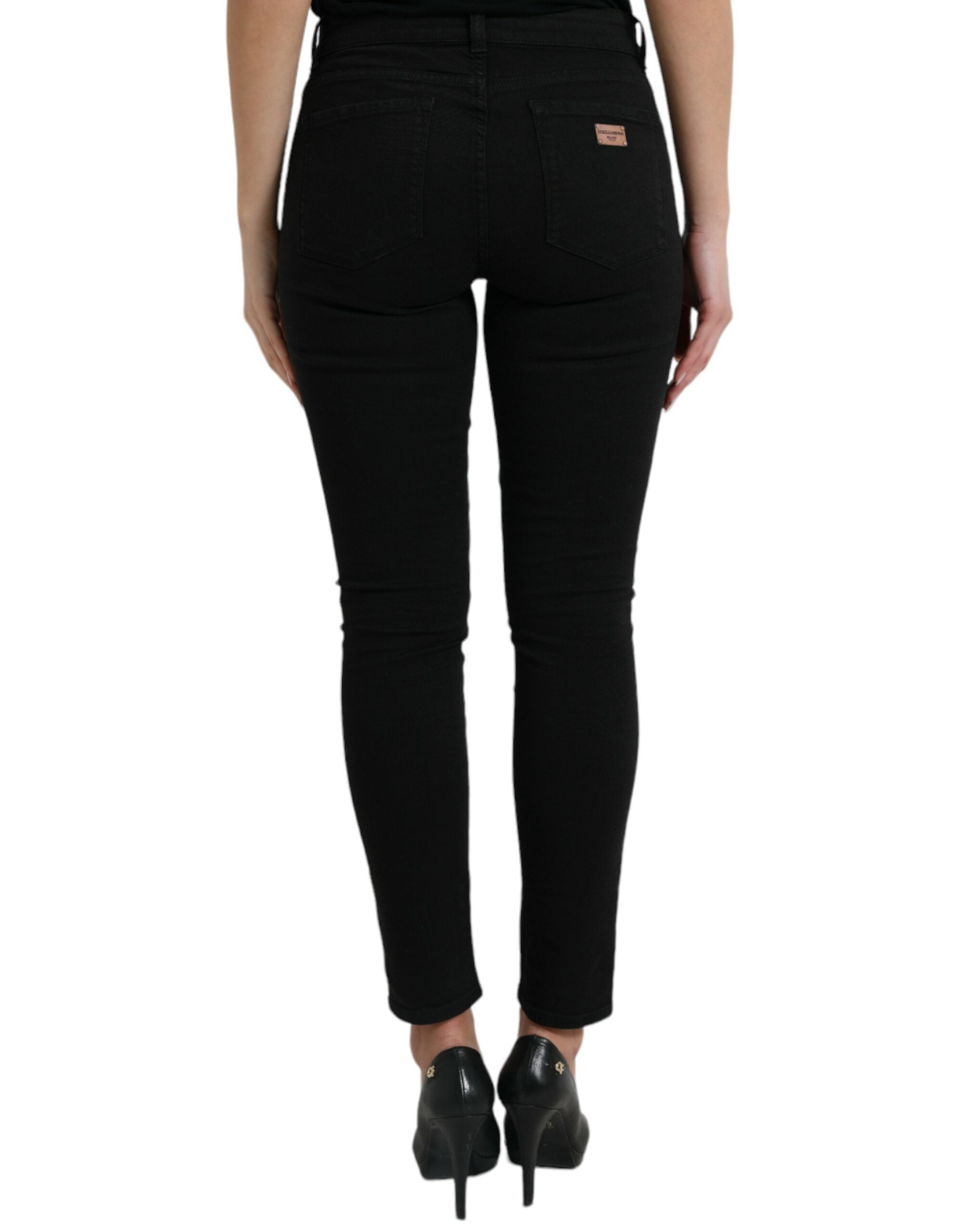 Black Cotton Mid Waist Skinny Denim Jeans - ventzia