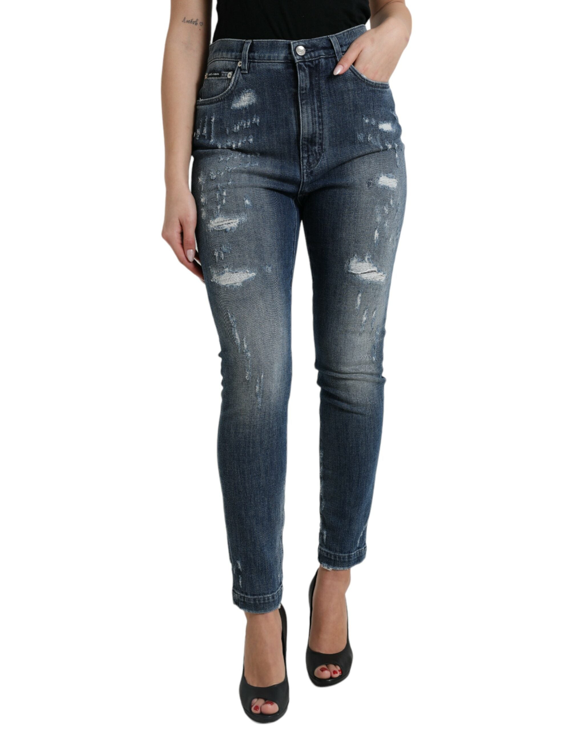 Dark Blue Distressed GRACE Skinny Denim Jeans - ventzia