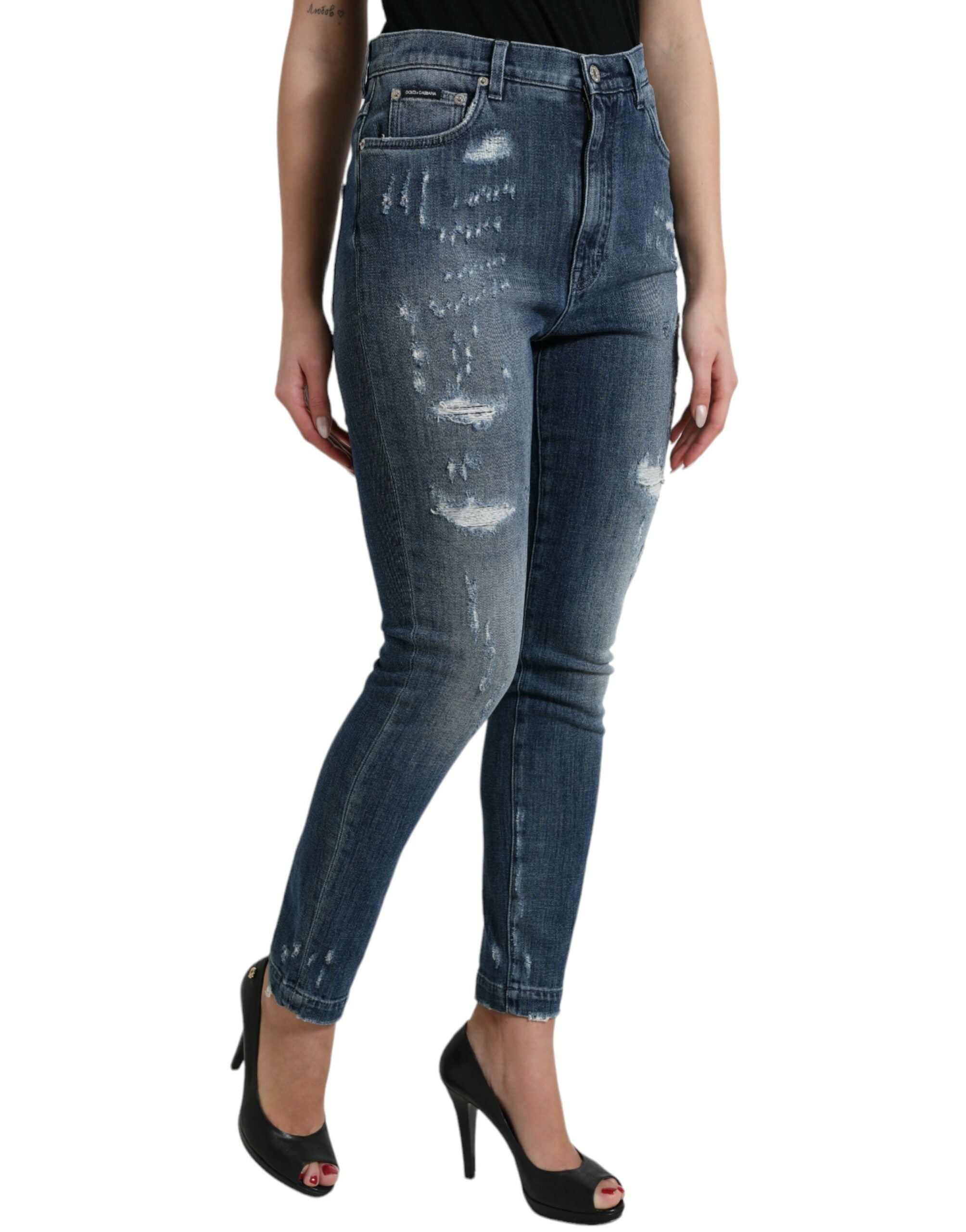 Dark Blue Distressed GRACE Skinny Denim Jeans - ventzia