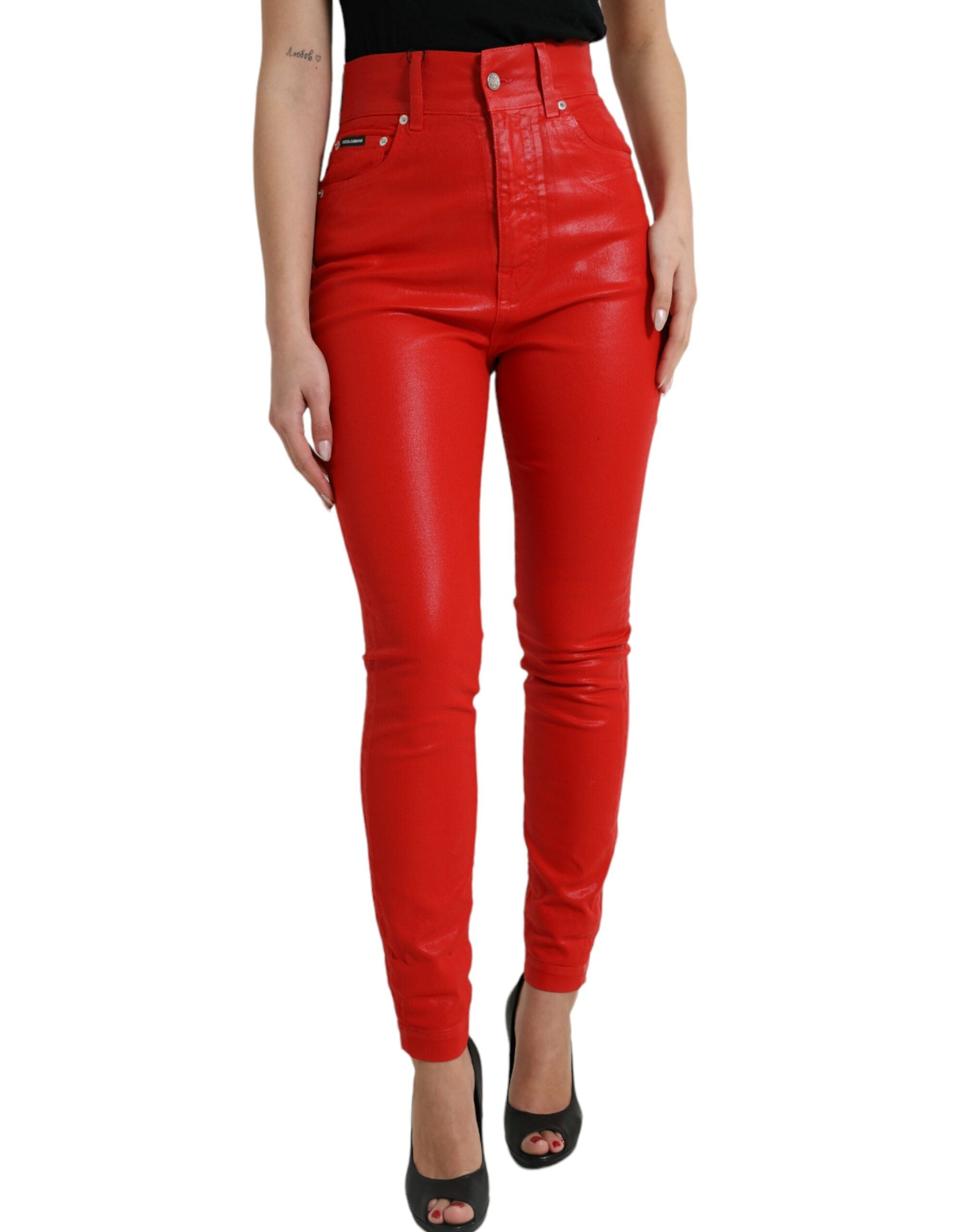 Red Cotton High Waist Skinny Denim Jeans - ventzia