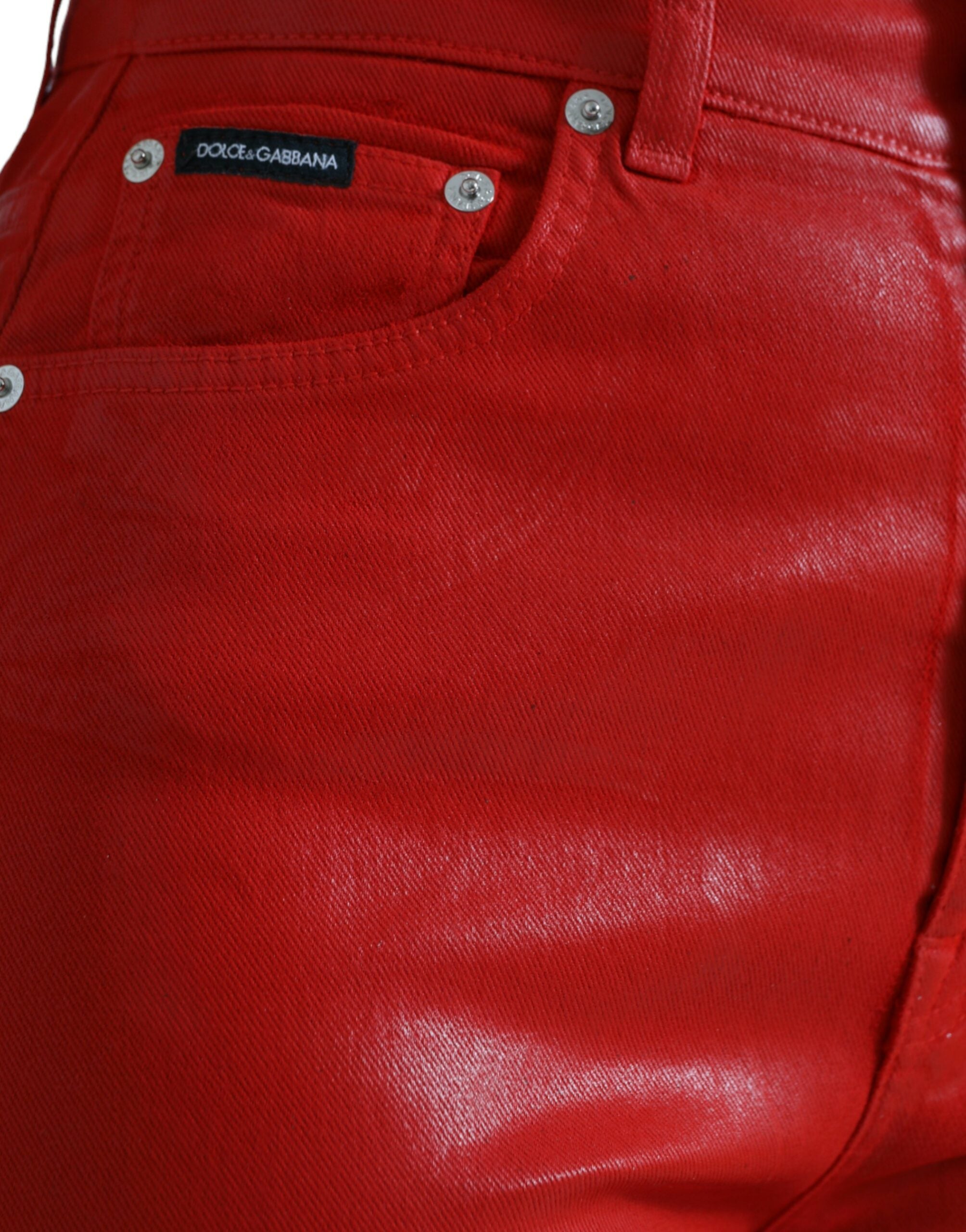 Red Cotton High Waist Skinny Denim Jeans - ventzia