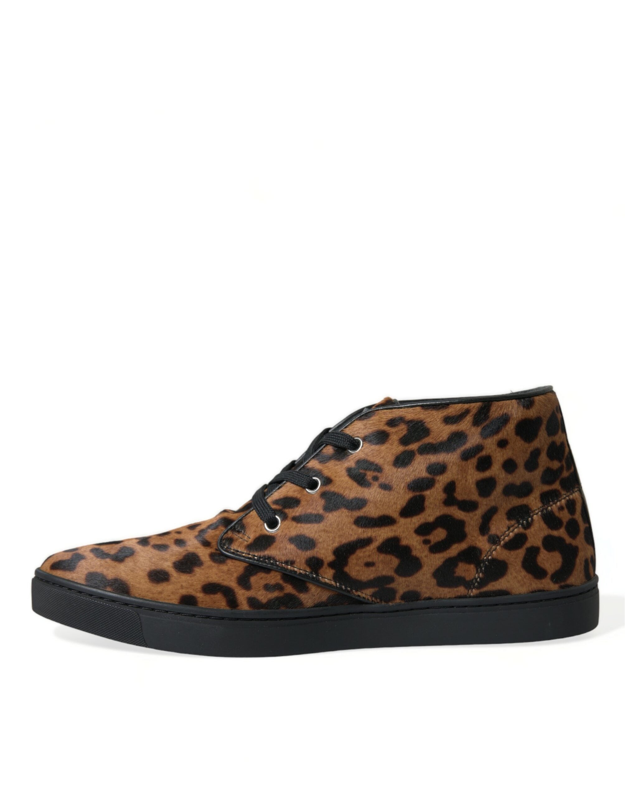 Brown Leopard Pony Hair Leather Sneakers Shoes - ventzia