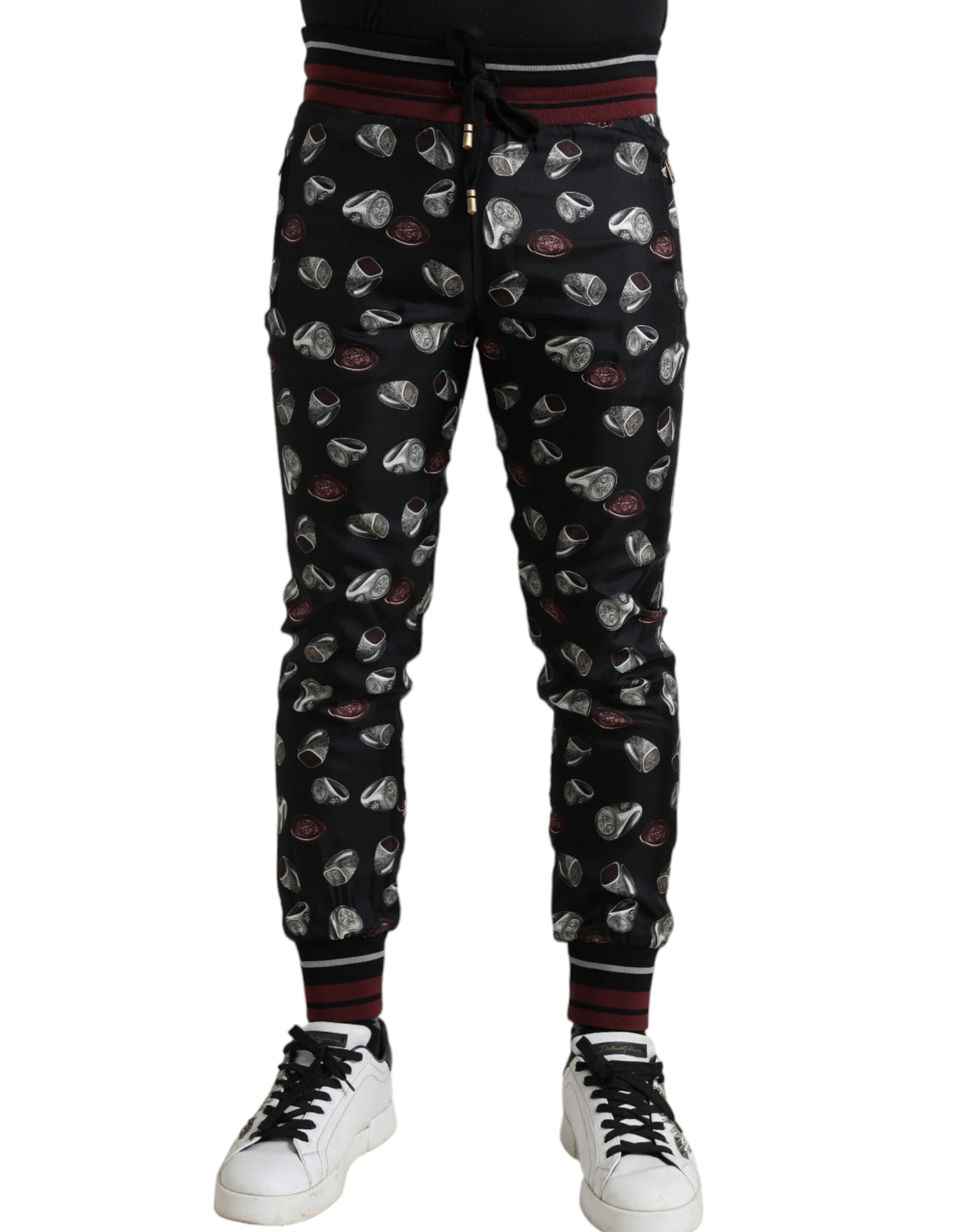 Black Ring Silk Jogging Trousers Pants - ventzia