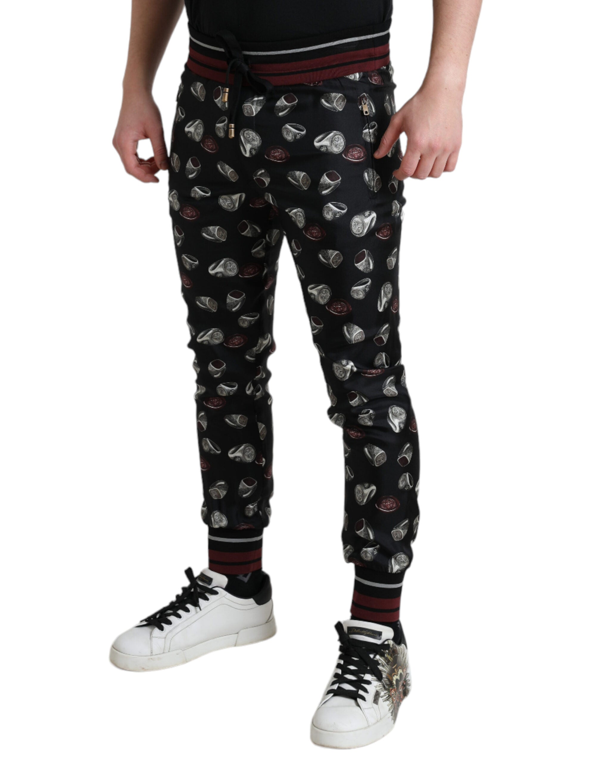 Black Ring Silk Jogging Trousers Pants - ventzia