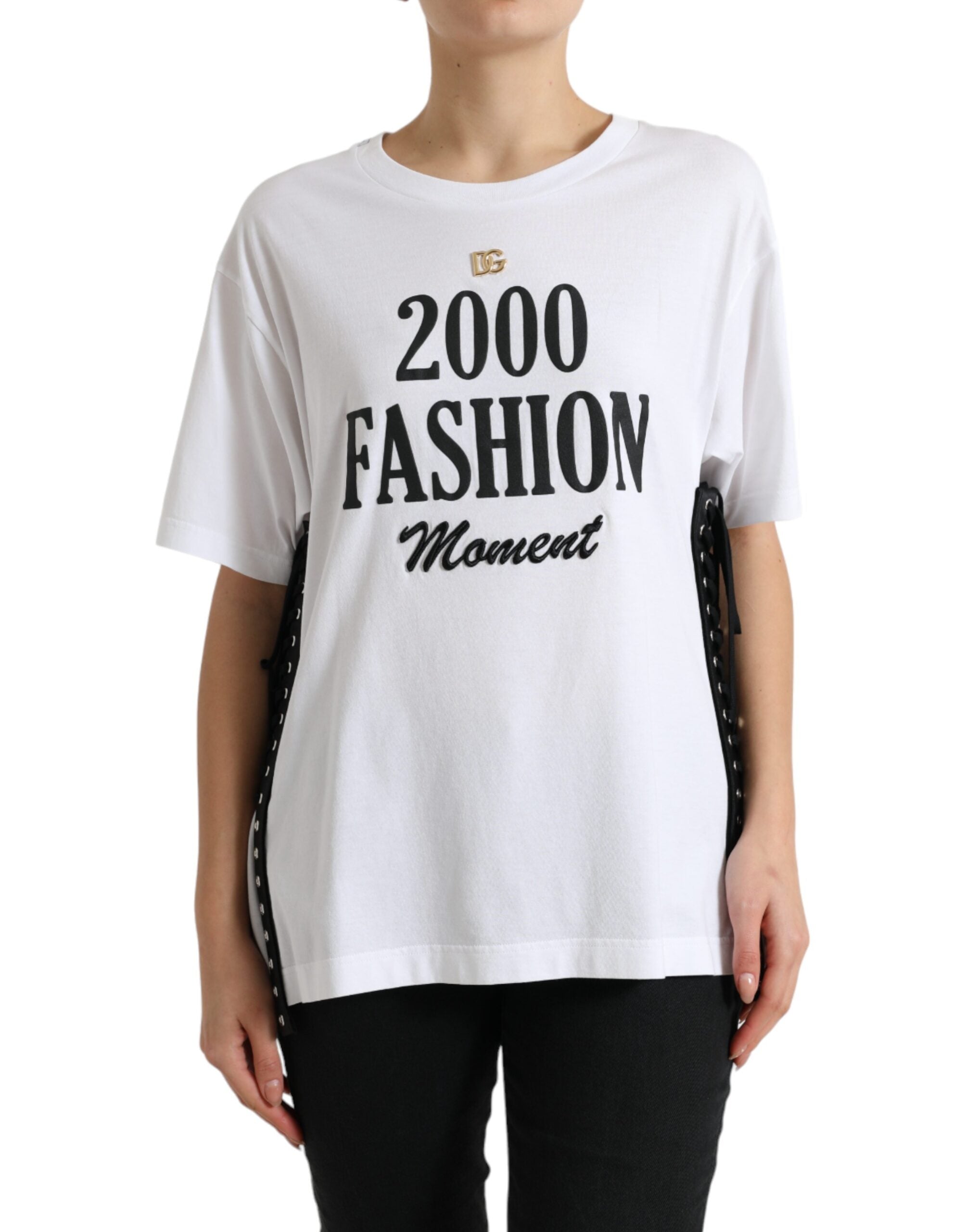 White Slogan Print Lacing Detailed T-shirt - ventzia