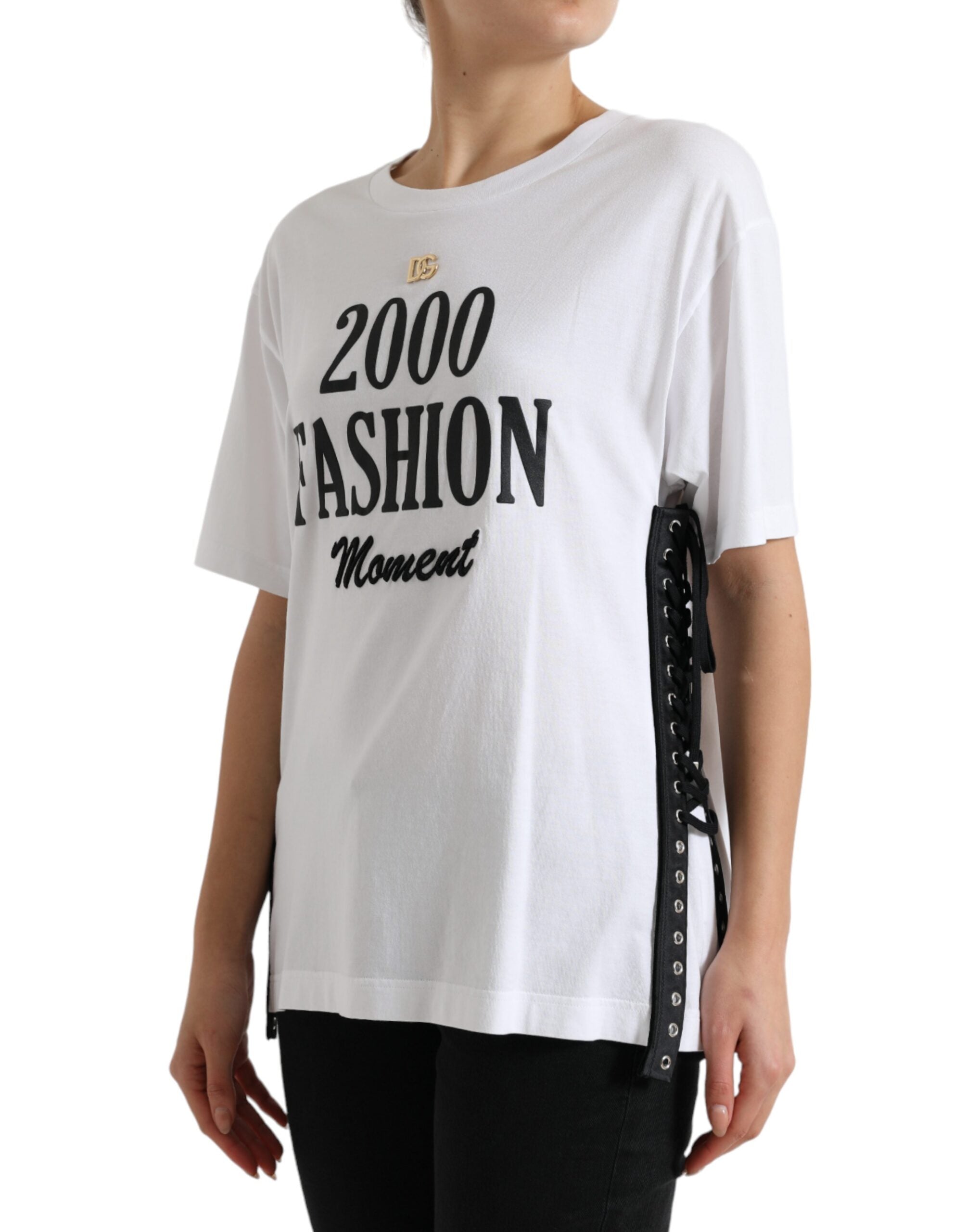 White Slogan Print Lacing Detailed T-shirt - ventzia