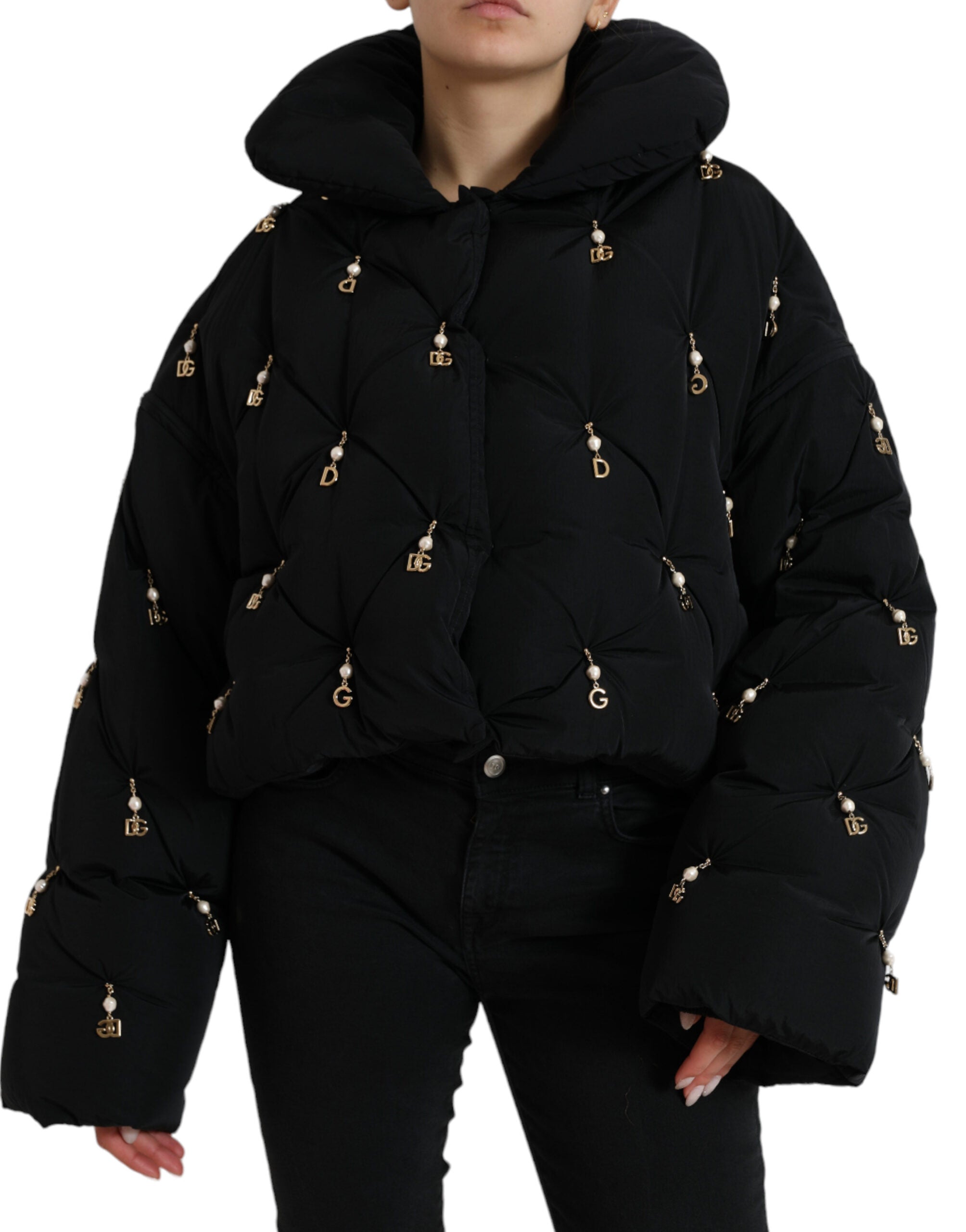 Black Embellished Quilted Shell Bomber Jacket - ventzia