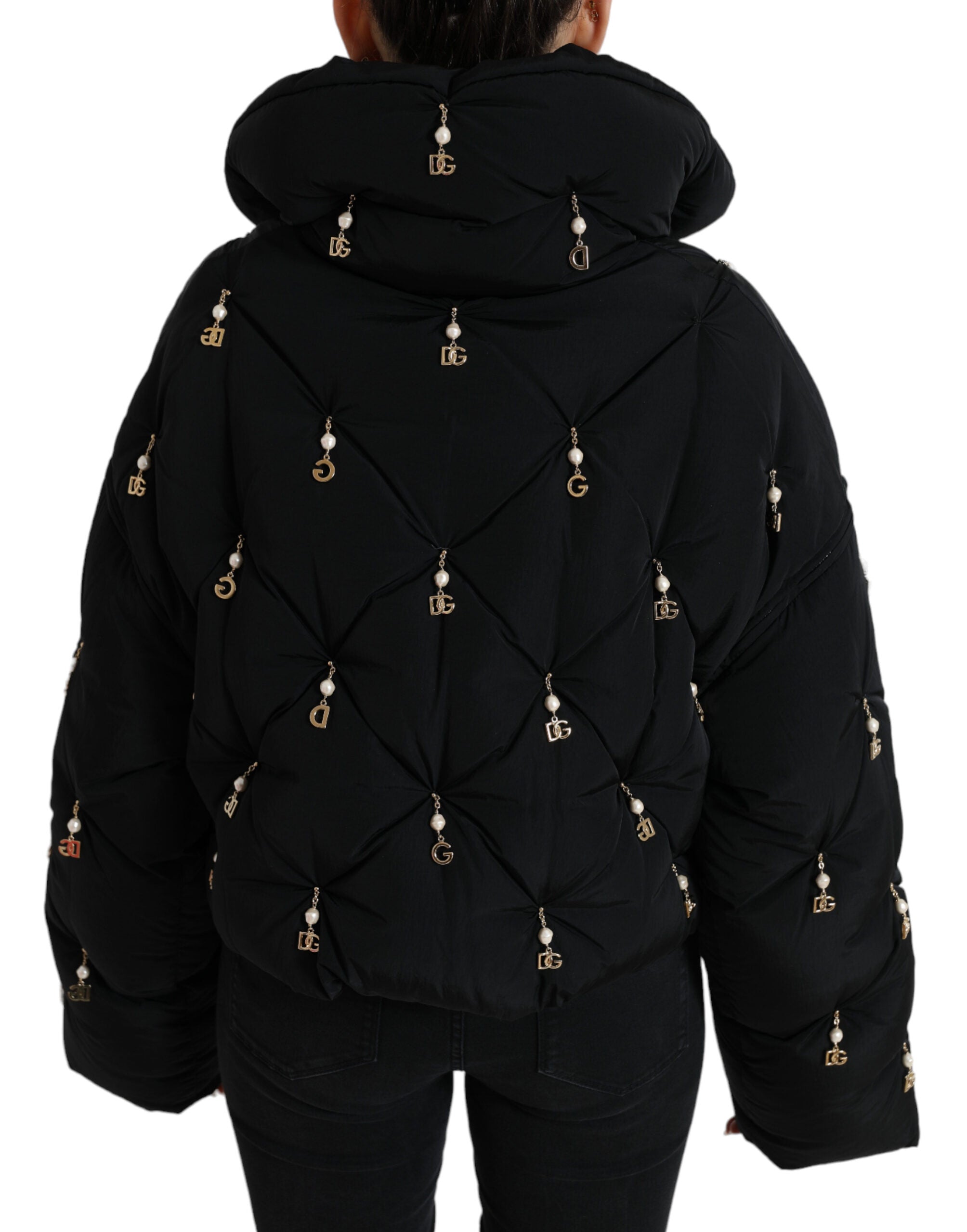 Black Embellished Quilted Shell Bomber Jacket - ventzia