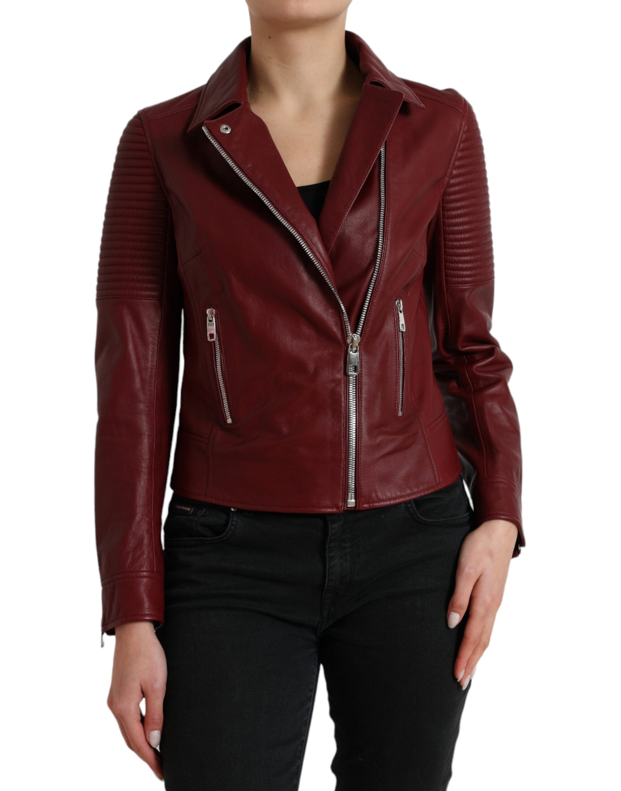 Bordeaux Leather Biker Coat Lambskin Jacket - ventzia
