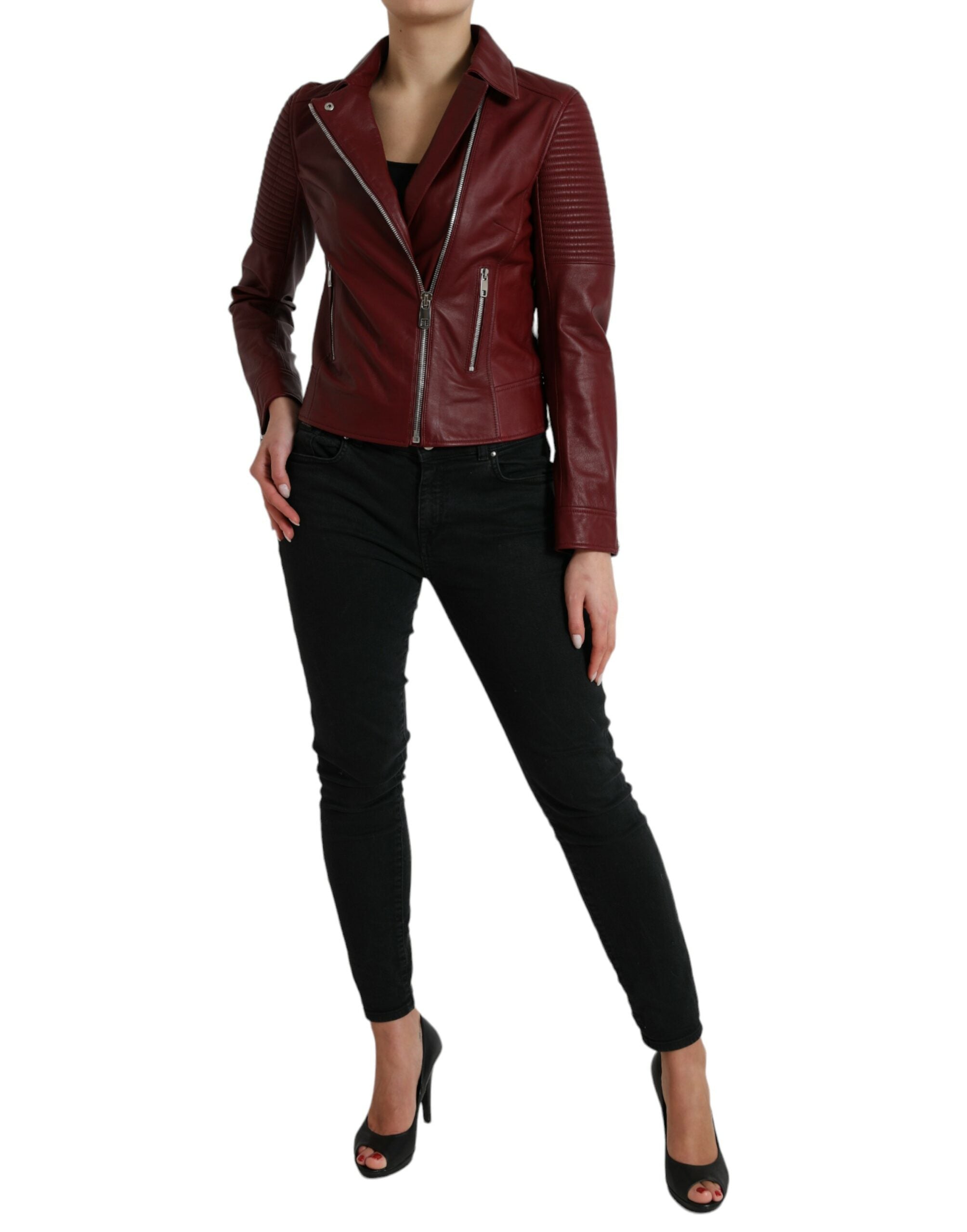 Bordeaux Leather Biker Coat Lambskin Jacket - ventzia