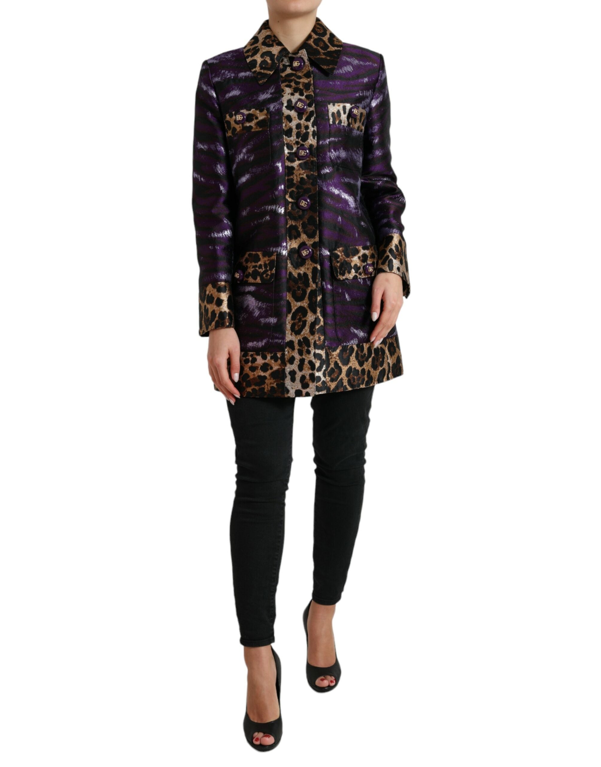 Purple Lamé Jacquard Tiger Print Coat Jacket - ventzia