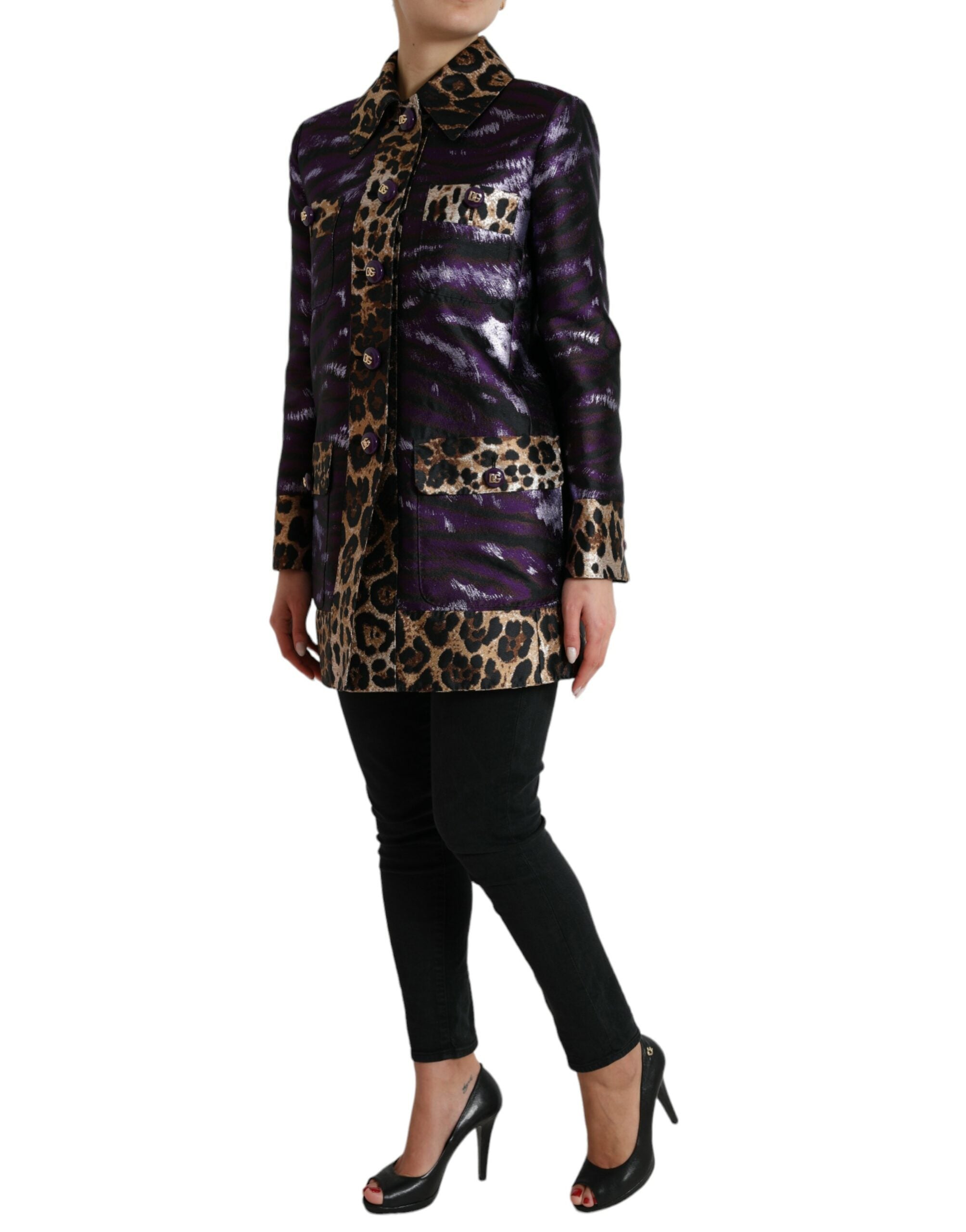 Purple Lamé Jacquard Tiger Print Coat Jacket - ventzia