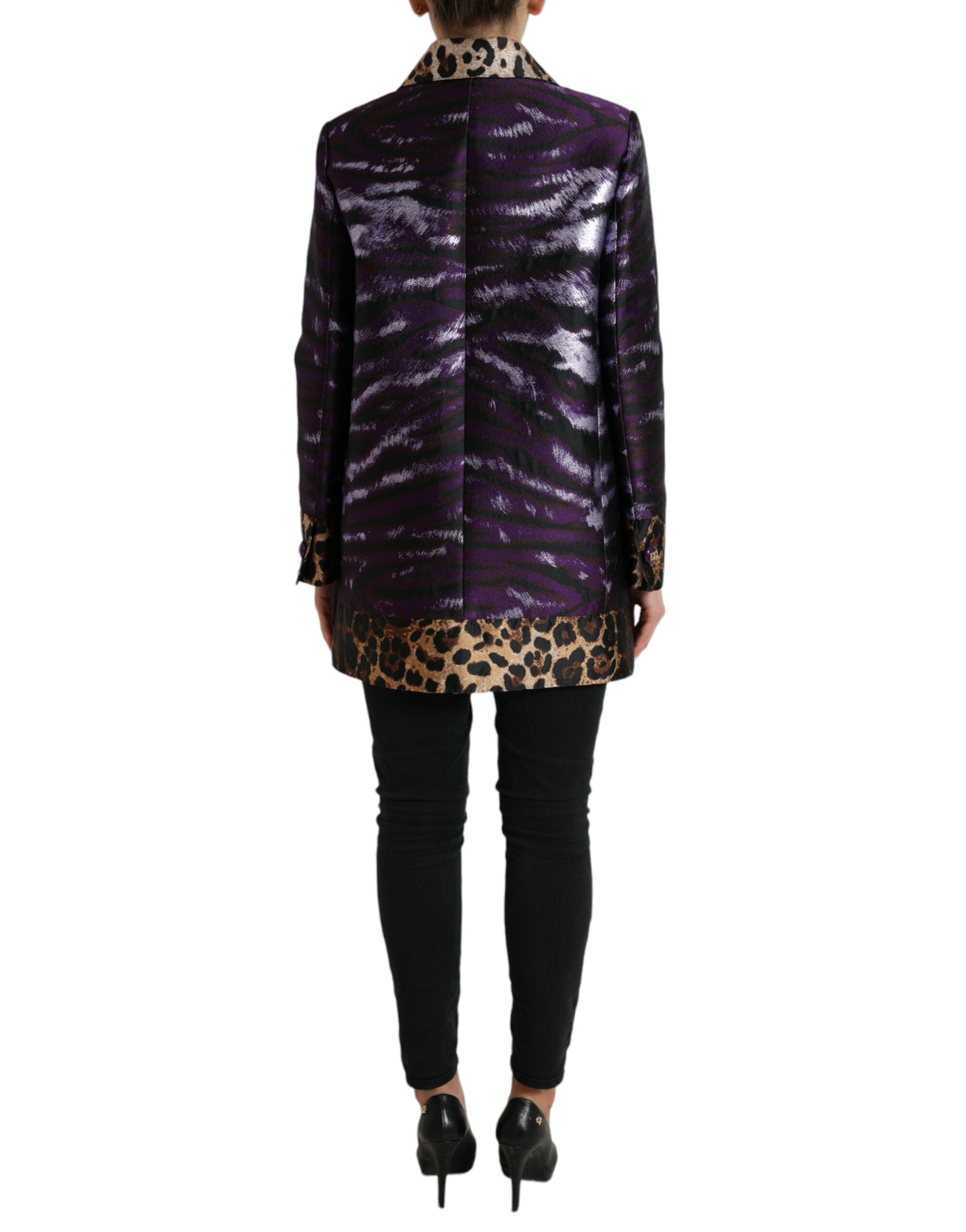 Purple Lamé Jacquard Tiger Print Coat Jacket - ventzia