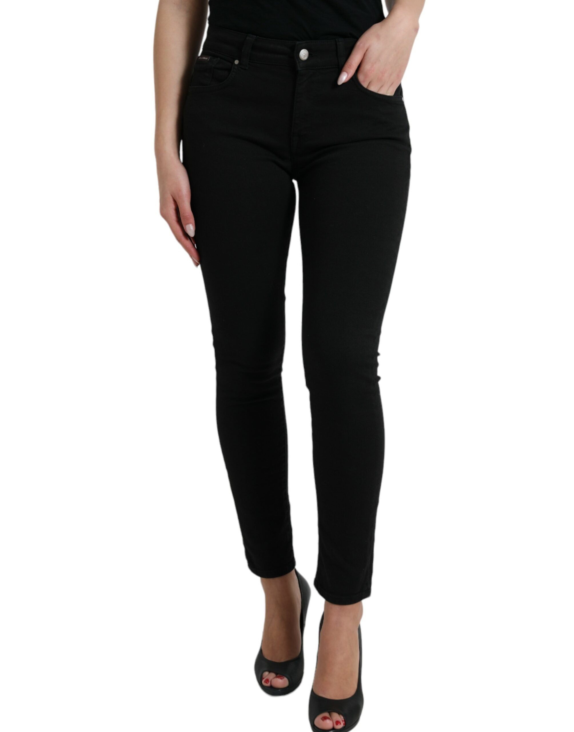 Black Cotton Mid Waist Skinny Denim Jeans - ventzia
