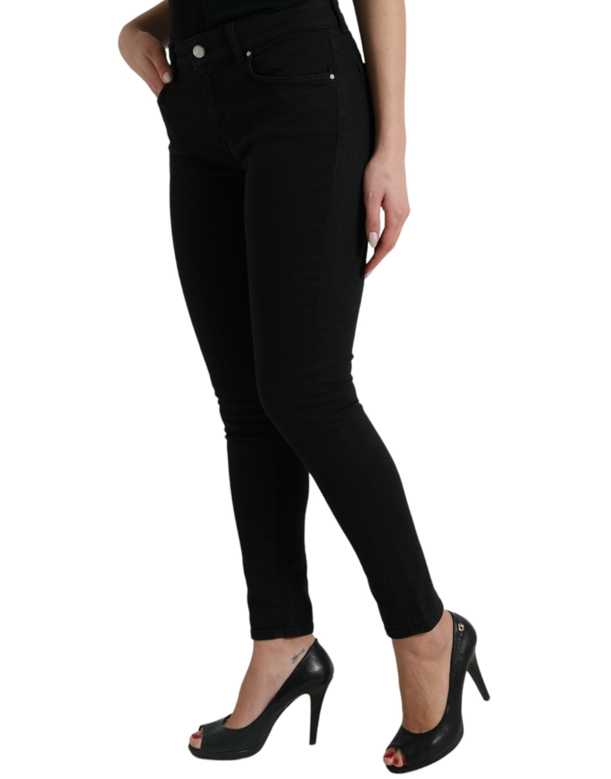 Black Cotton Mid Waist Skinny Denim Jeans - ventzia