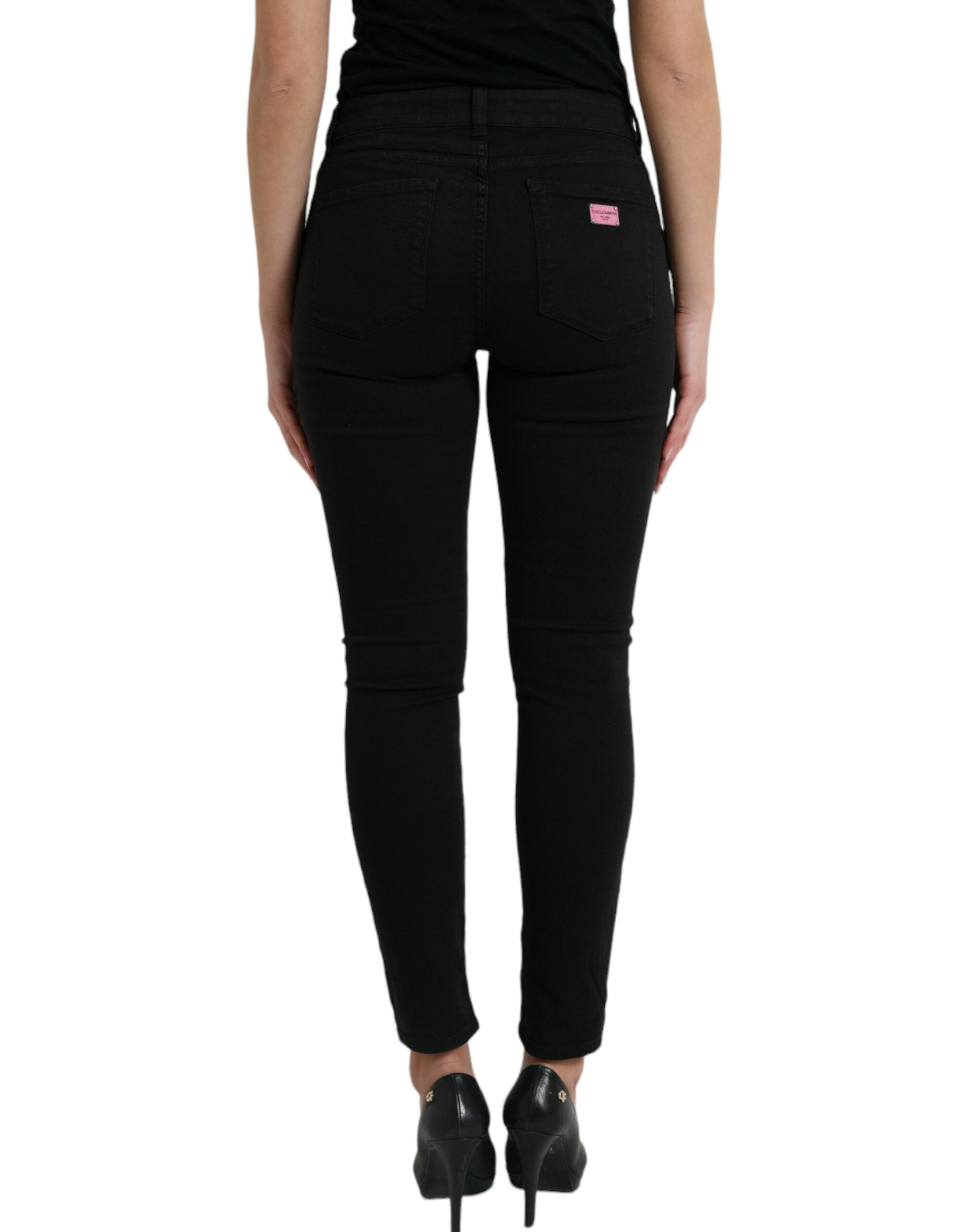 Black Cotton Mid Waist Skinny Denim Jeans - ventzia