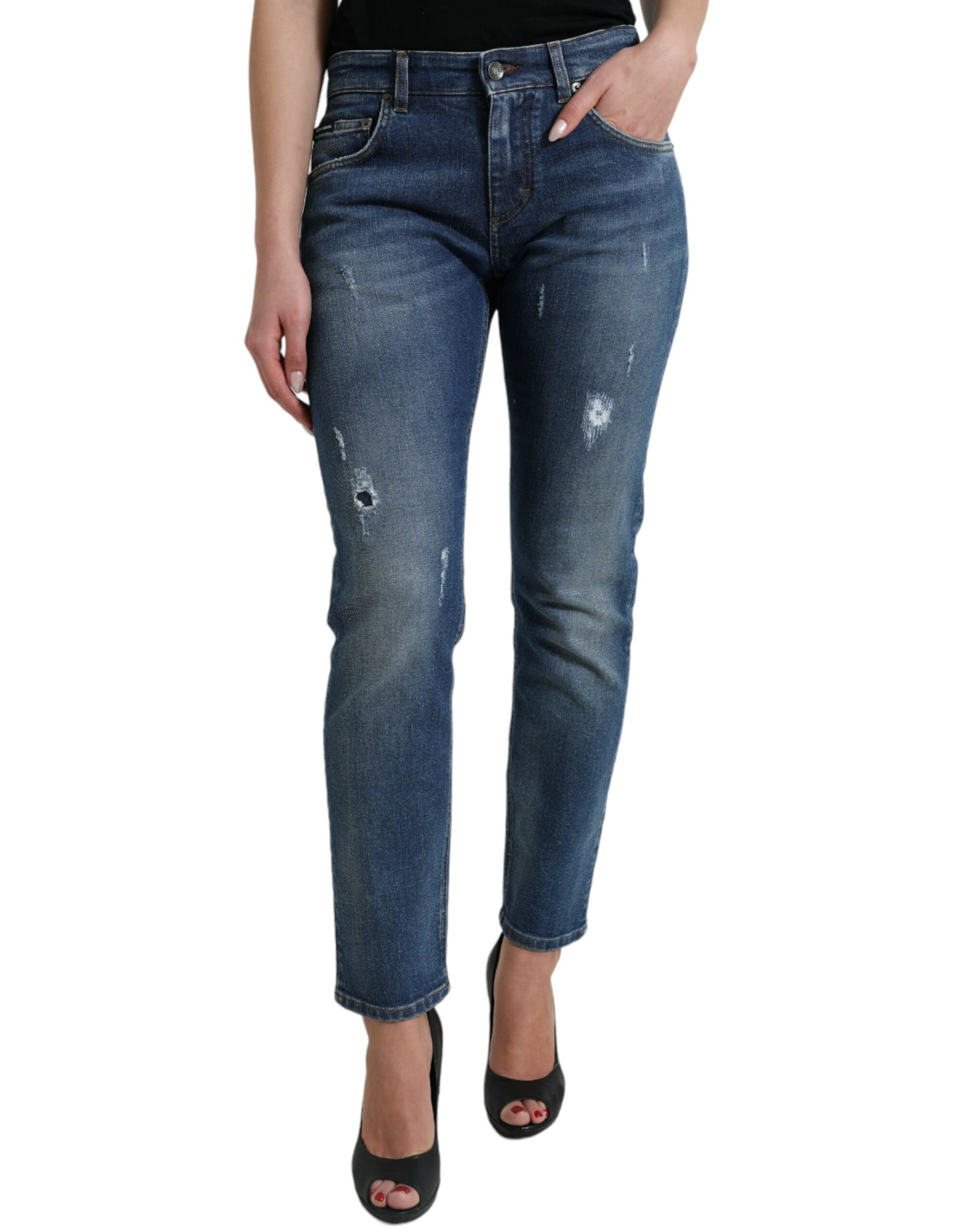 Blue BOYFRIEND Mid Waist Cotton Denim Jeans - ventzia
