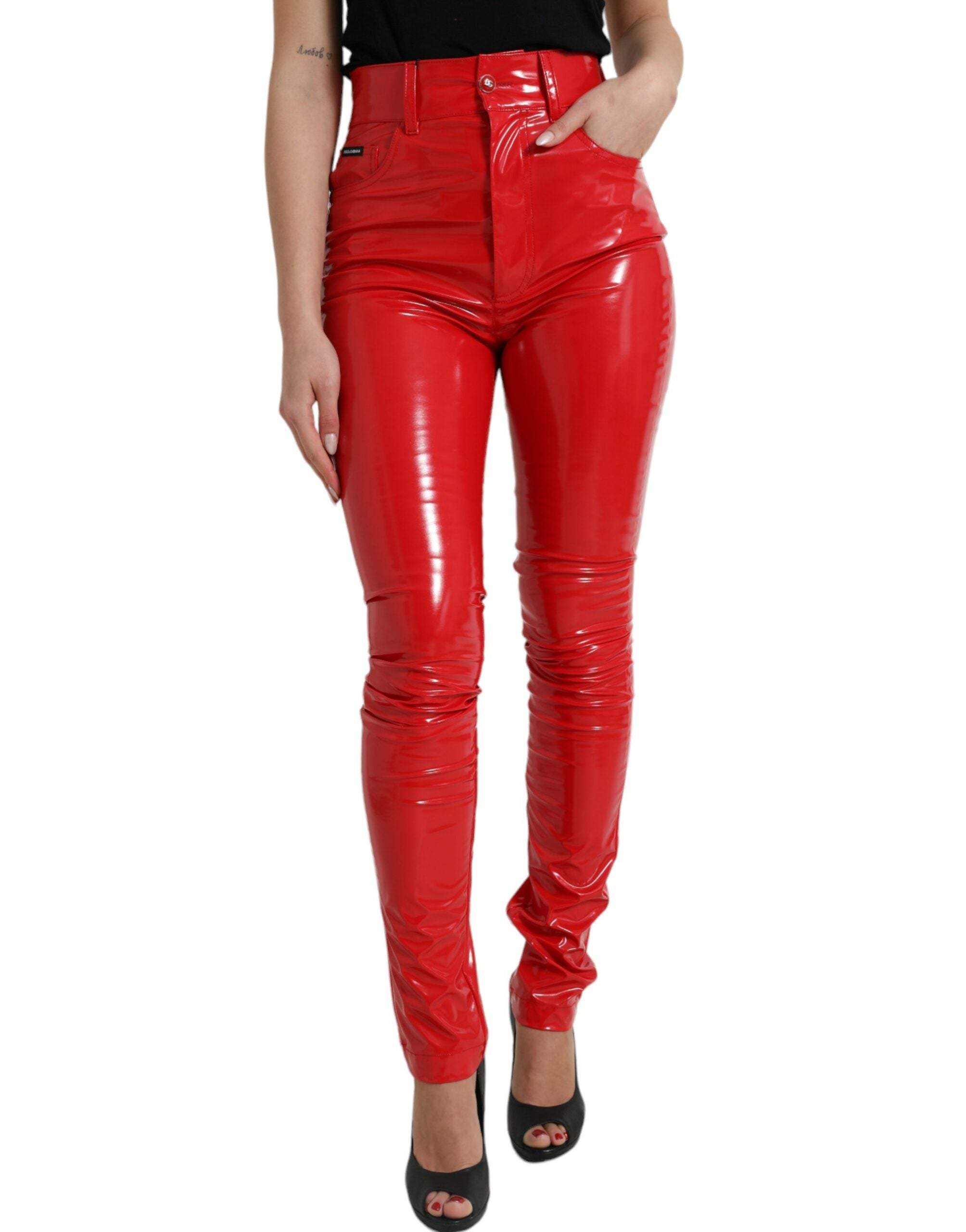 Shiny Red High Waist Skinny Pants - ventzia