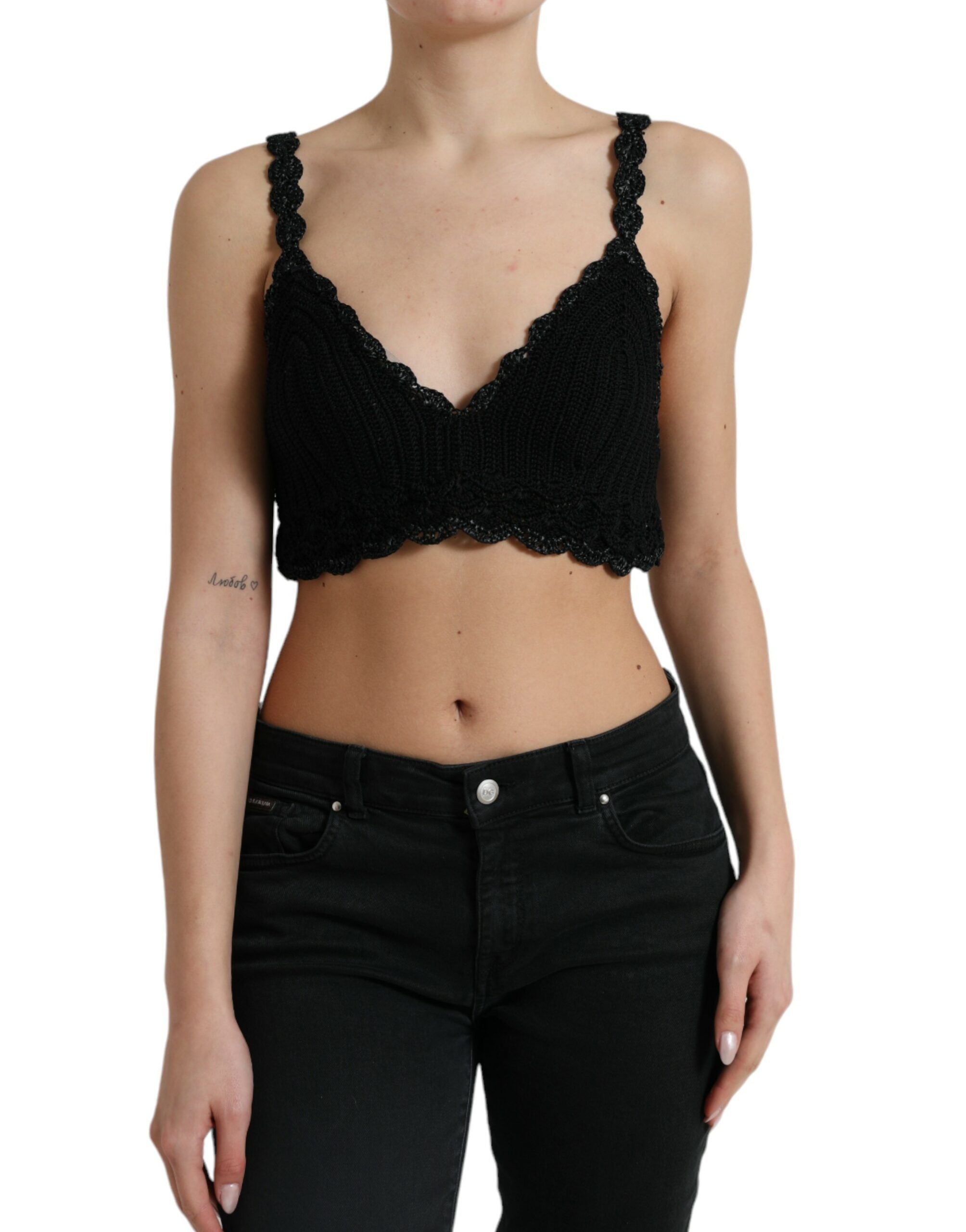 Black Cotton Bustier Cropped Crochet Tank Top - ventzia