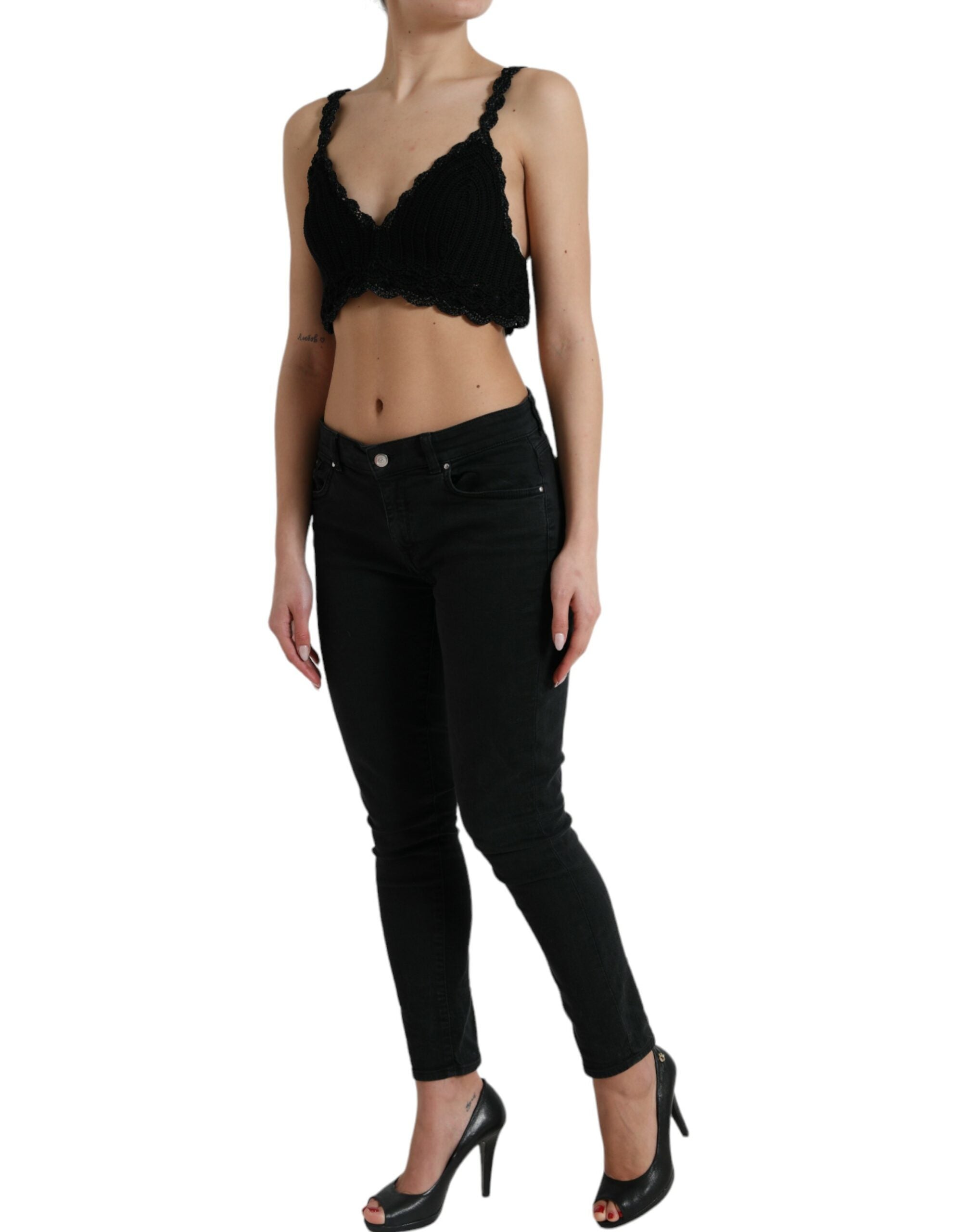 Black Cotton Bustier Cropped Crochet Tank Top - ventzia