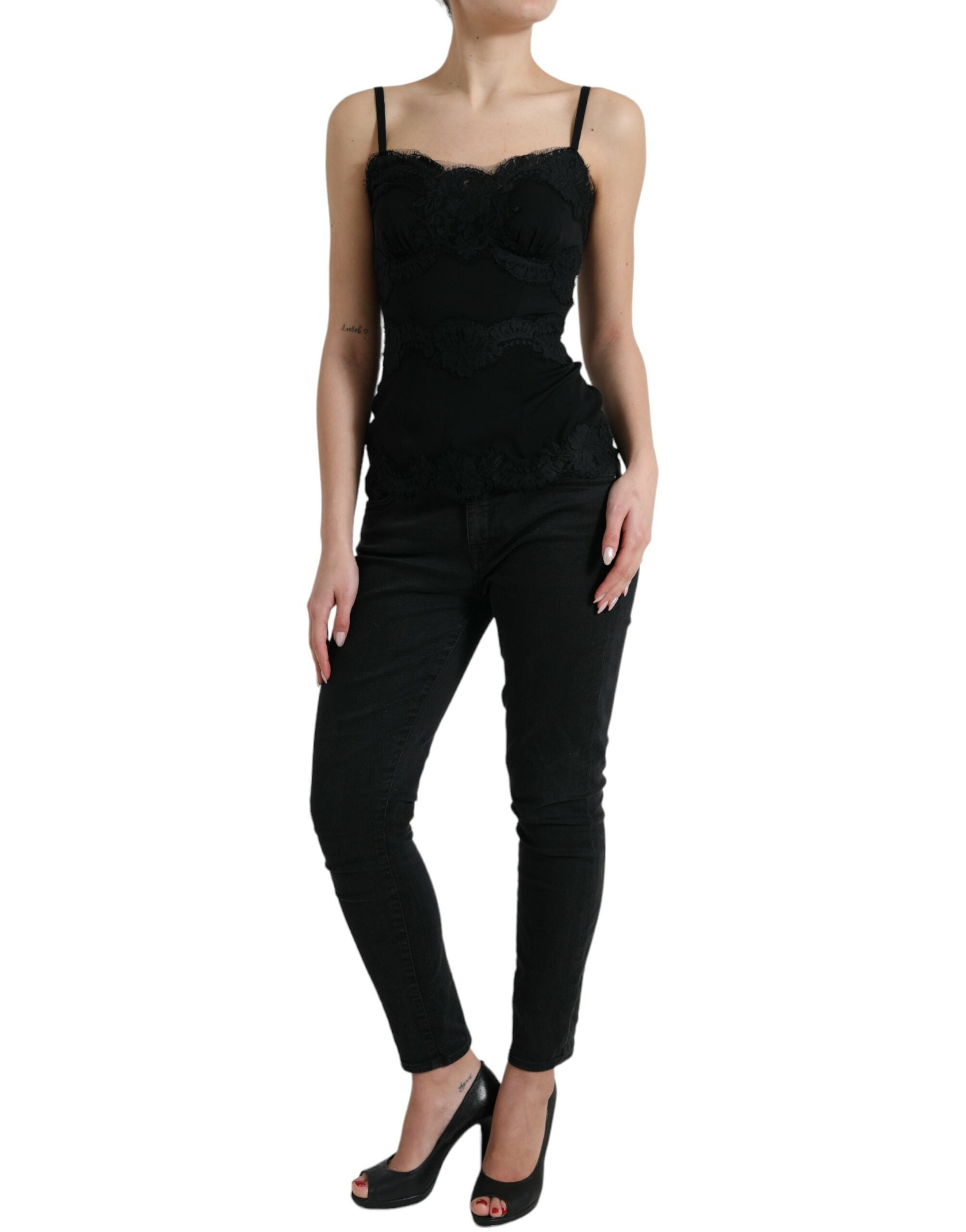 Black Silk Stretch Lace Sleeveless Tank Top - ventzia