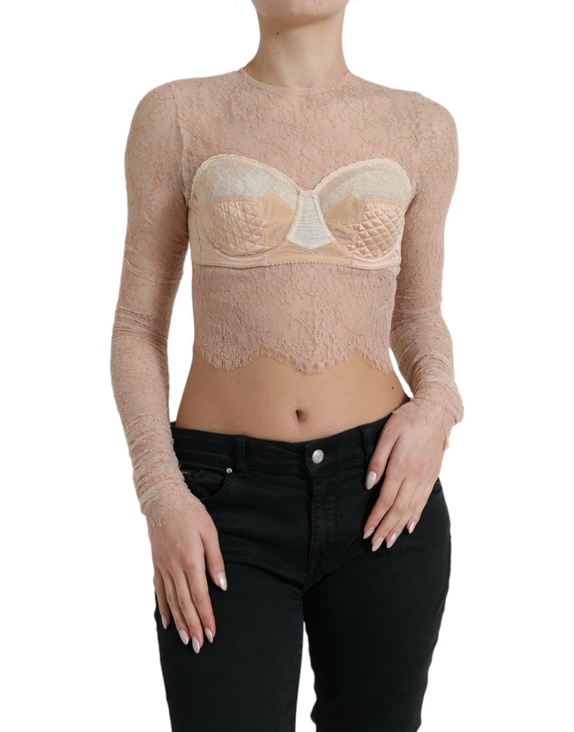 Beige Nylon Floral Lace Bustier Cropped Top - ventzia