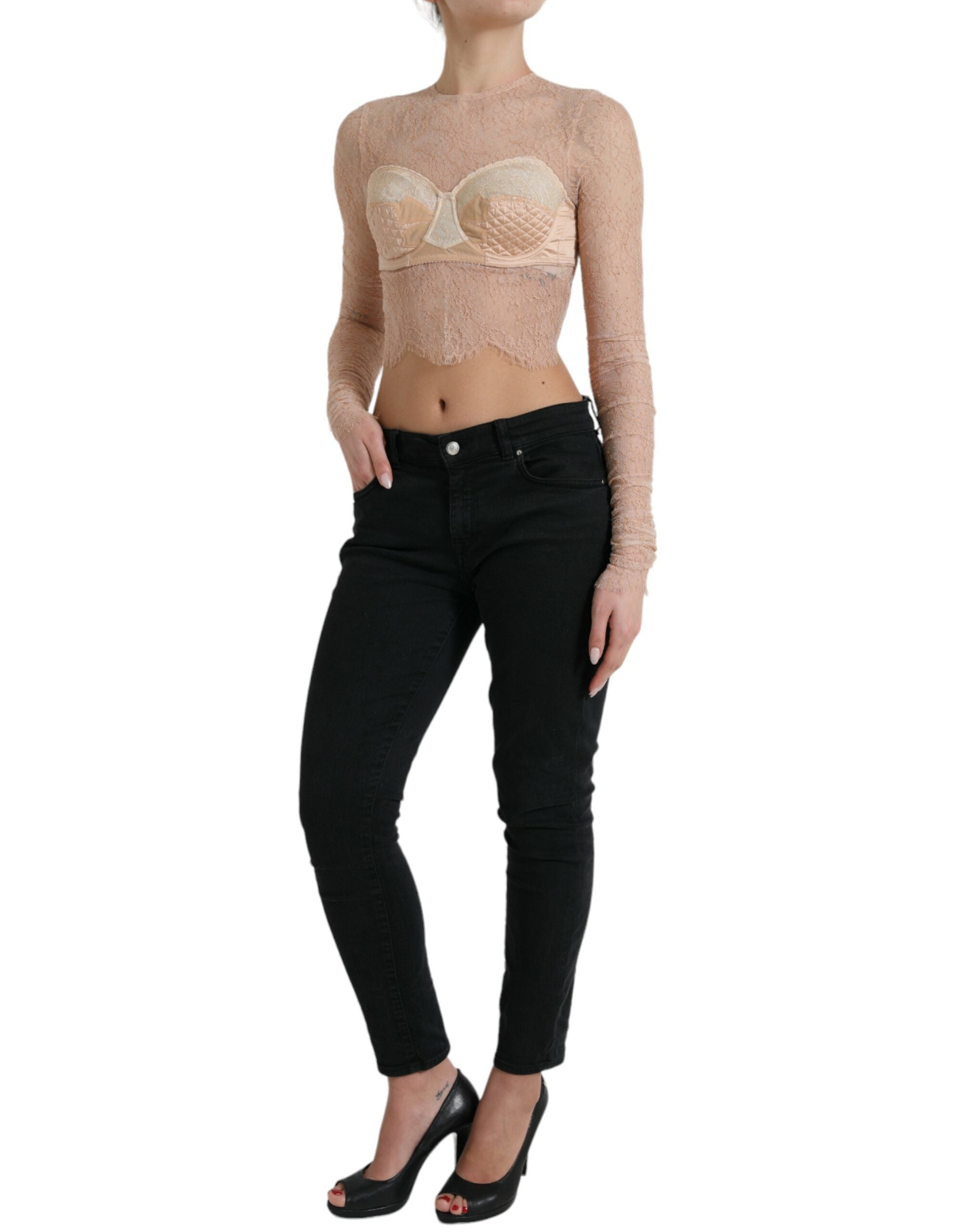 Beige Nylon Floral Lace Bustier Cropped Top - ventzia