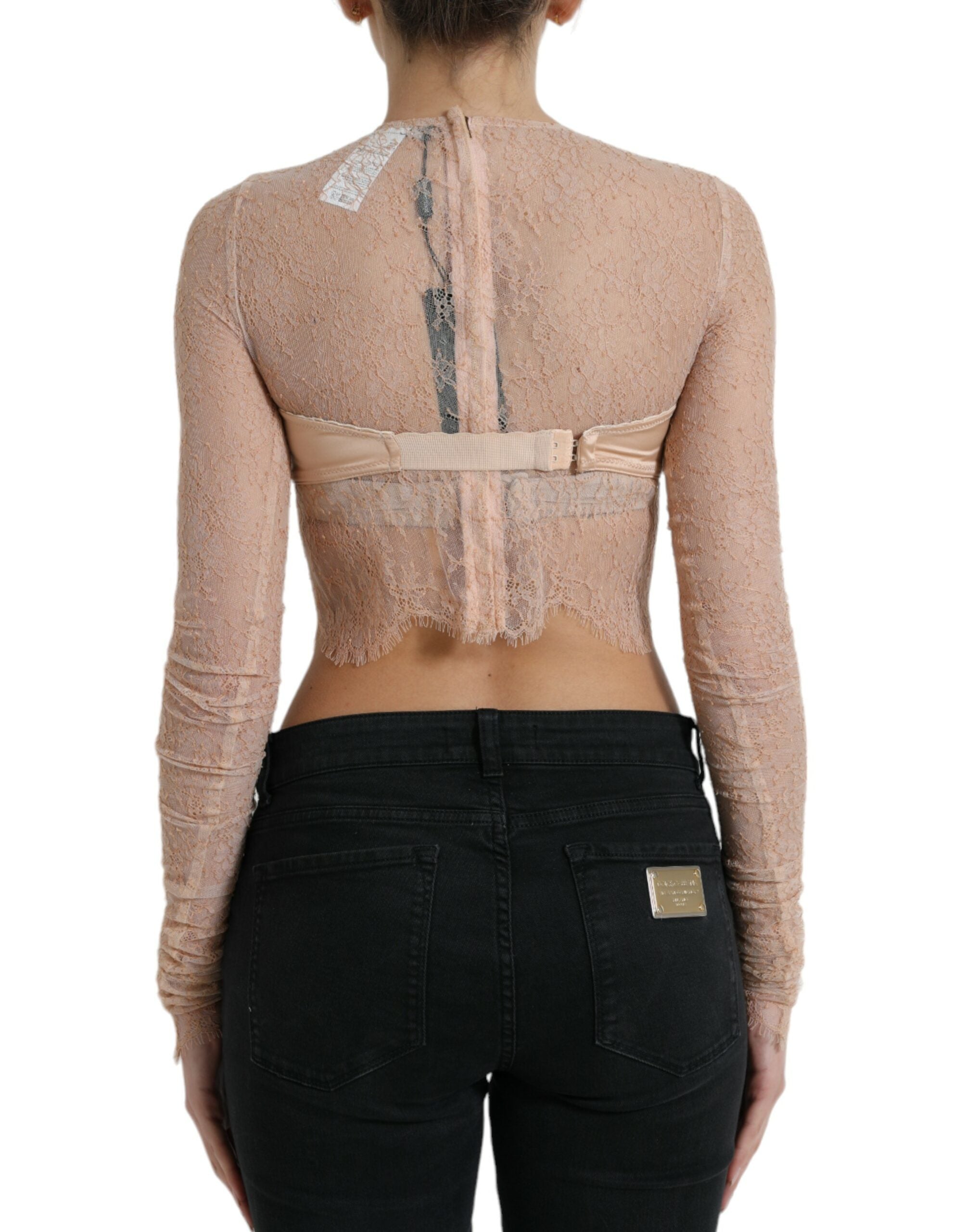 Beige Nylon Floral Lace Bustier Cropped Top - ventzia