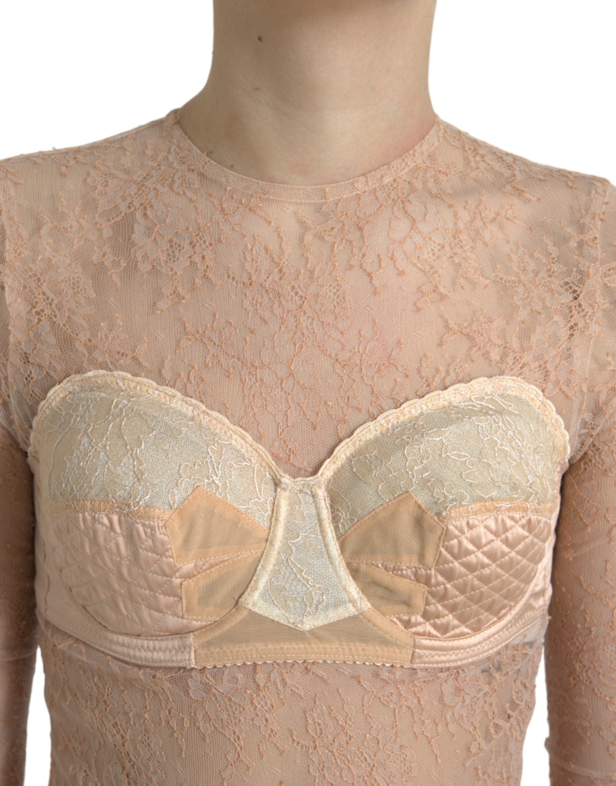 Beige Nylon Floral Lace Bustier Cropped Top - ventzia