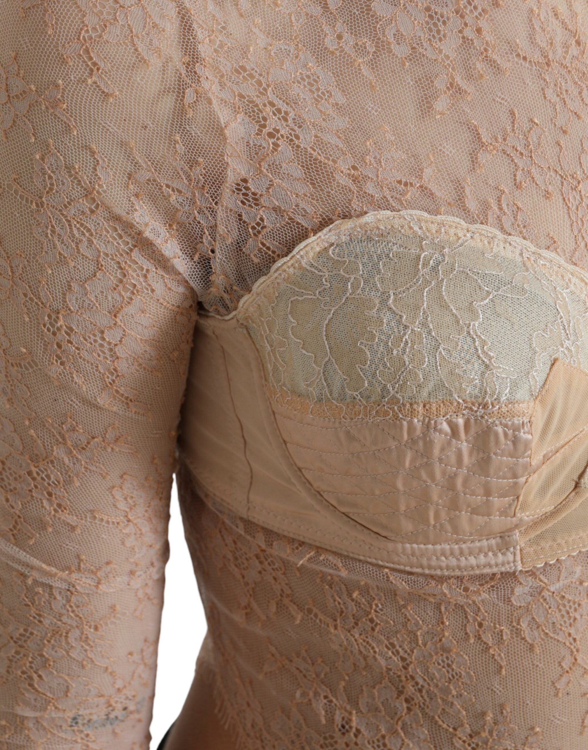 Beige Nylon Floral Lace Bustier Cropped Top - ventzia