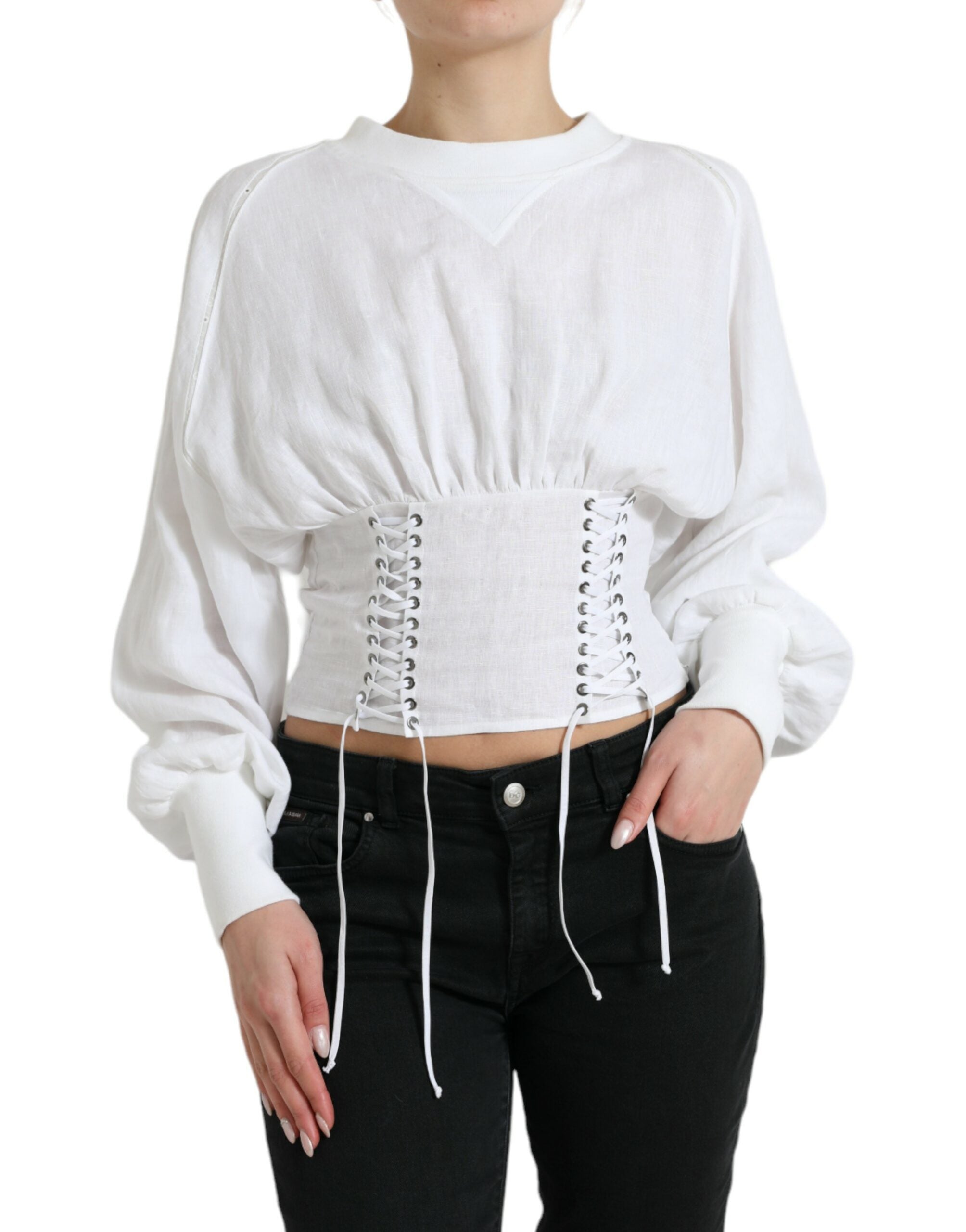 White Cotton Corset Cropped Long Sleeves Topclothing - ventzia