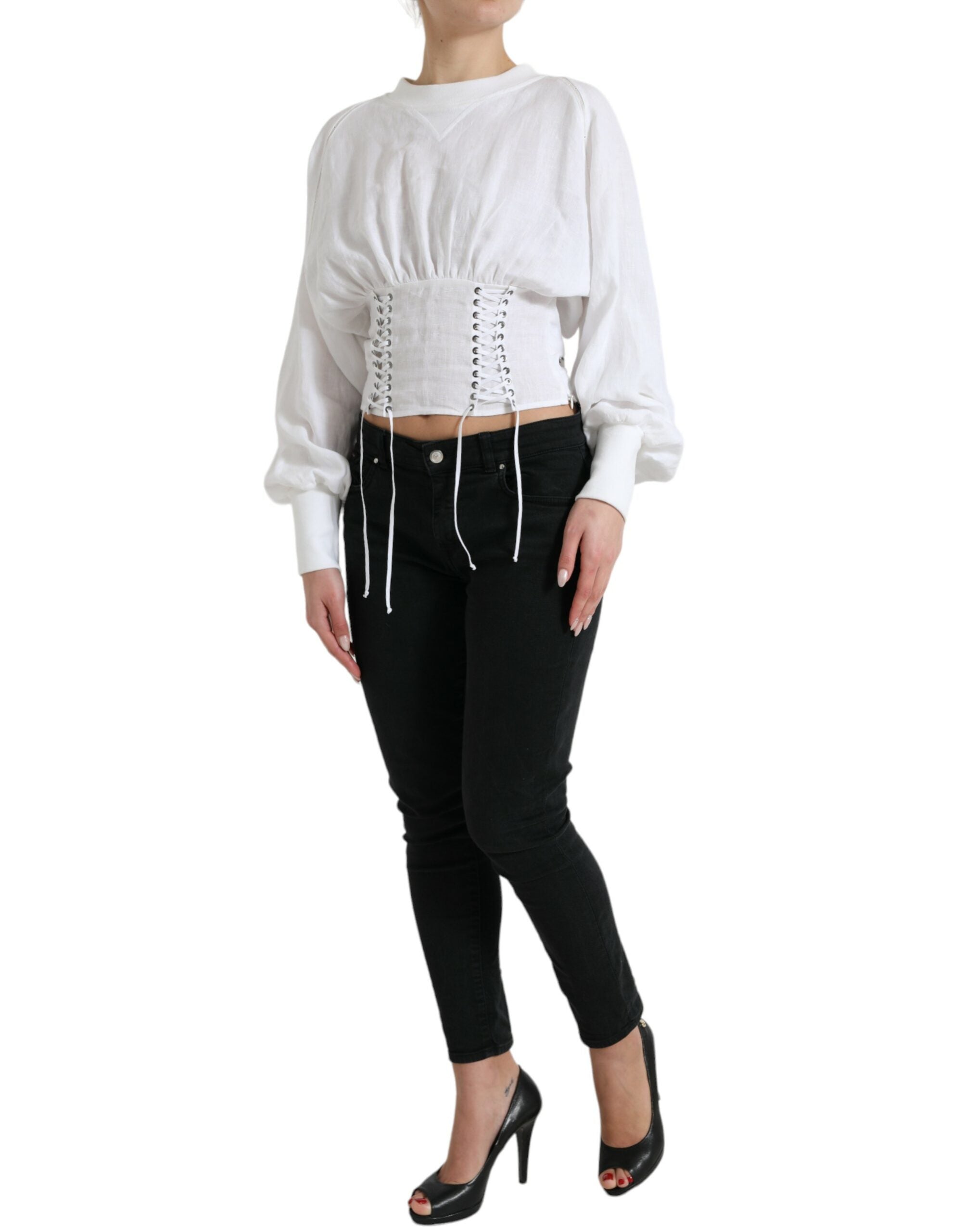 White Cotton Corset Cropped Long Sleeves Topclothing - ventzia