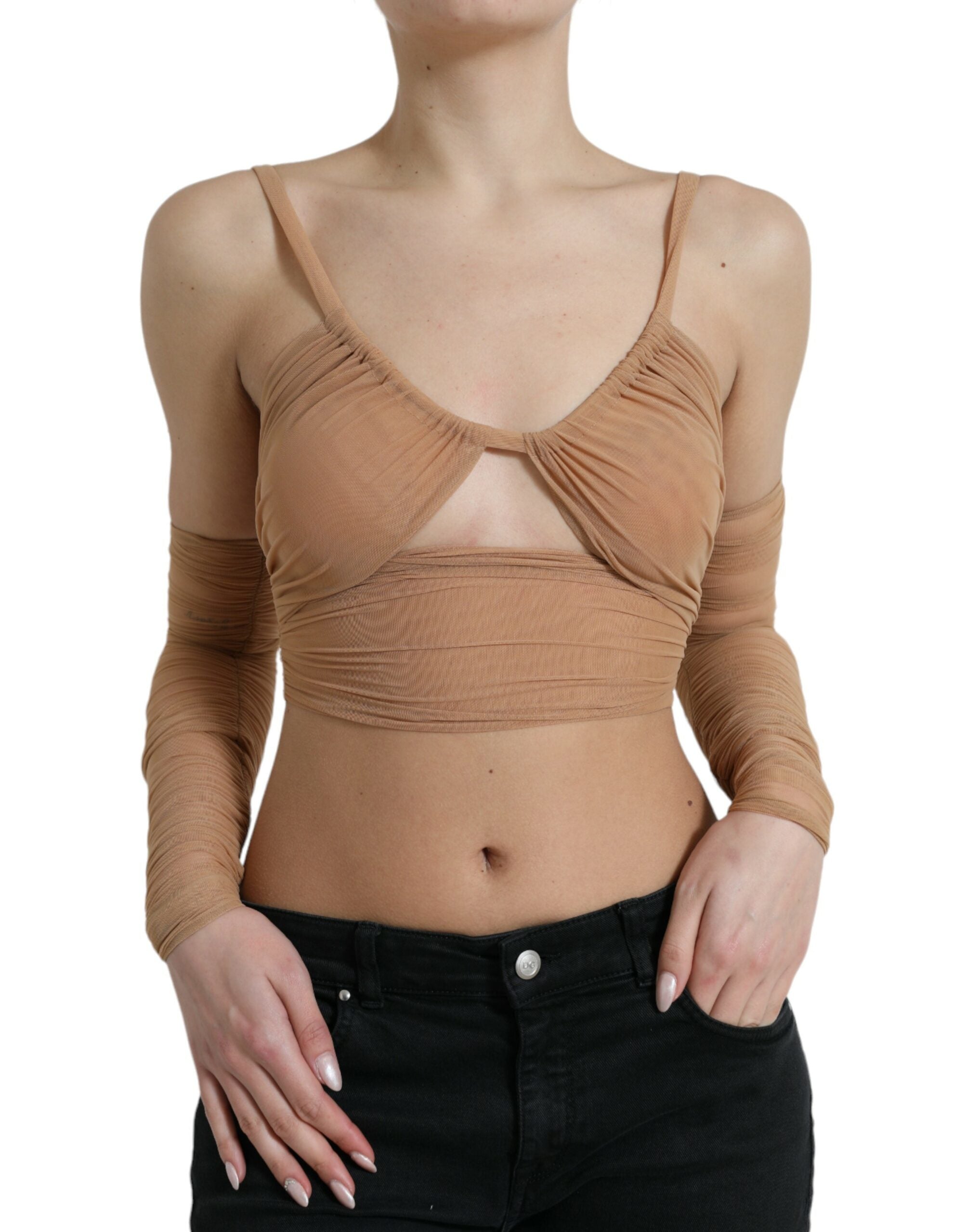 Brown Nylon Stretch Open Shoulder Cropped Top - ventzia
