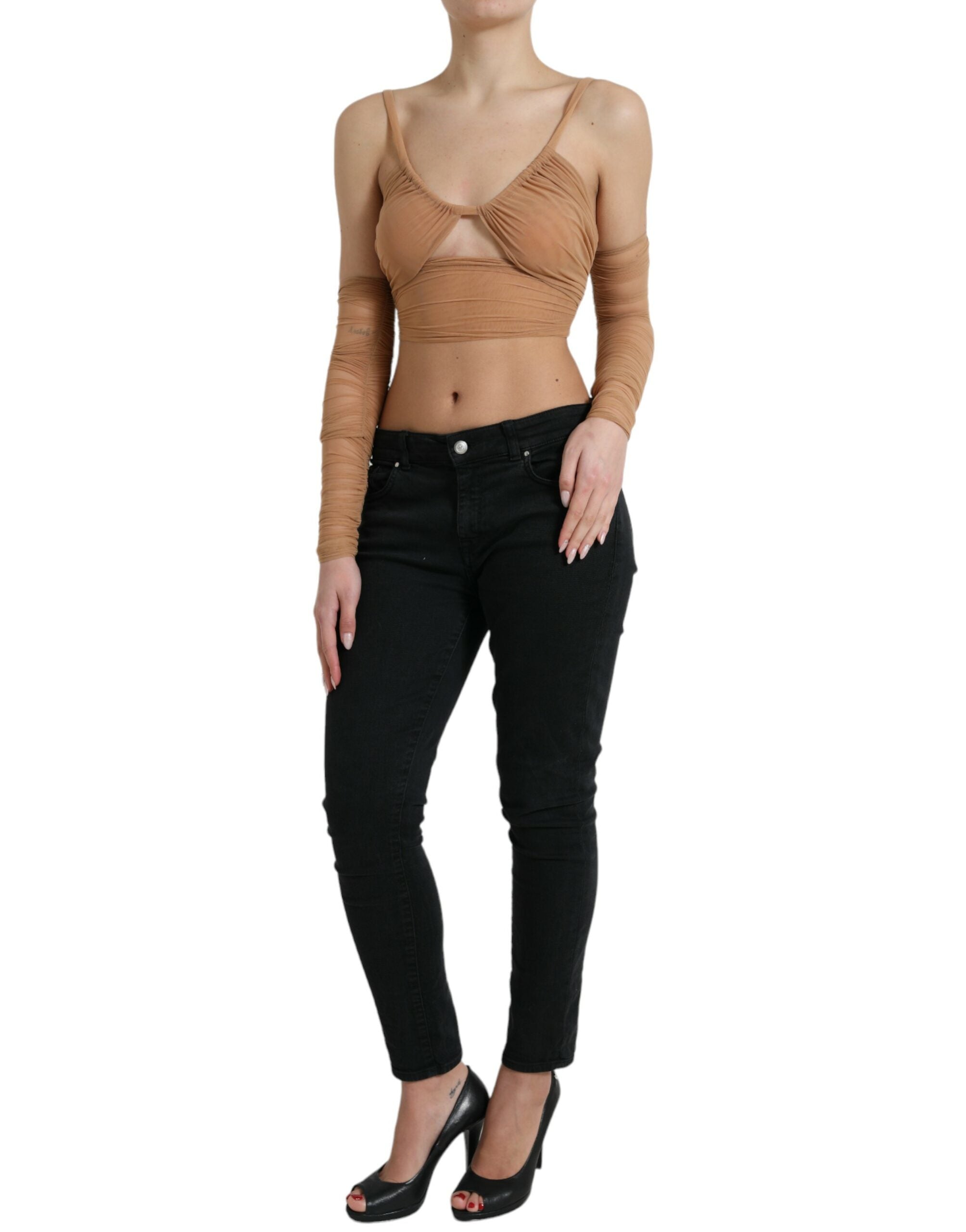 Brown Nylon Stretch Open Shoulder Cropped Top - ventzia
