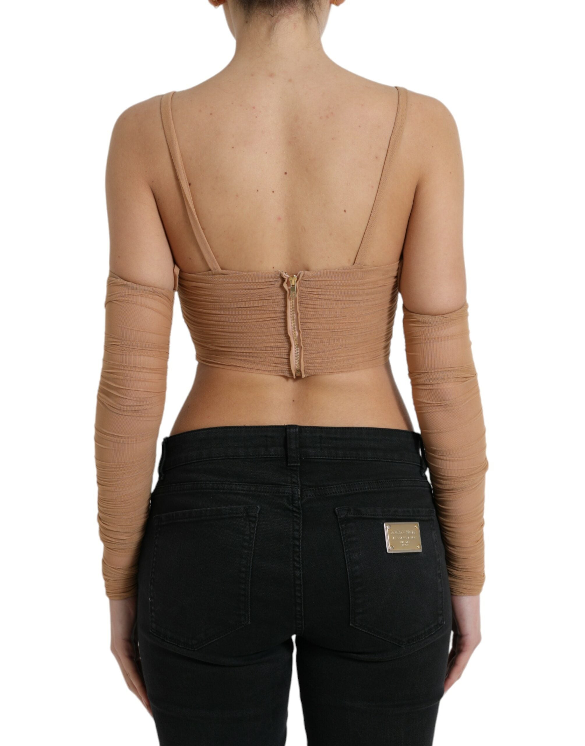 Brown Nylon Stretch Open Shoulder Cropped Top - ventzia