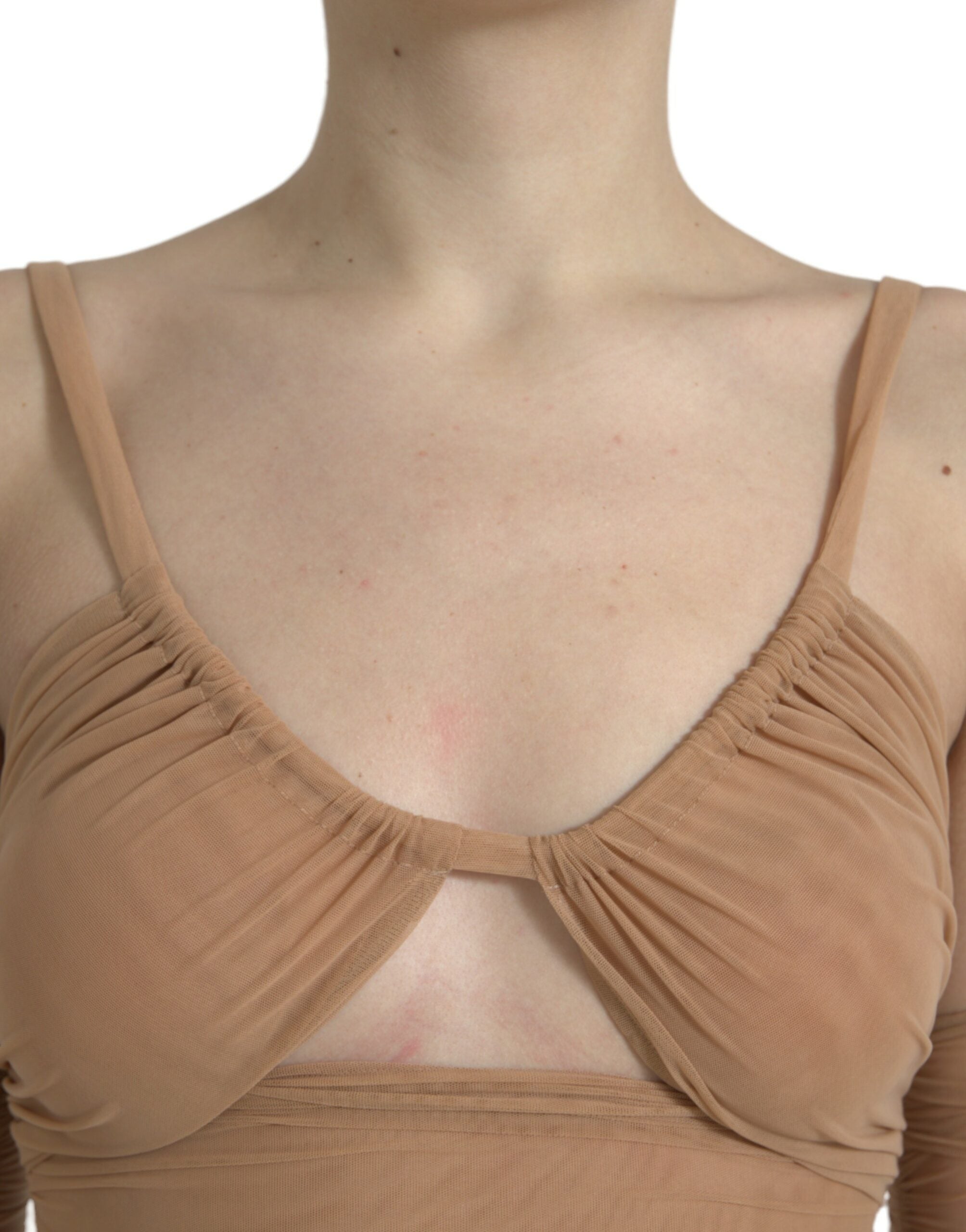 Brown Nylon Stretch Open Shoulder Cropped Top - ventzia