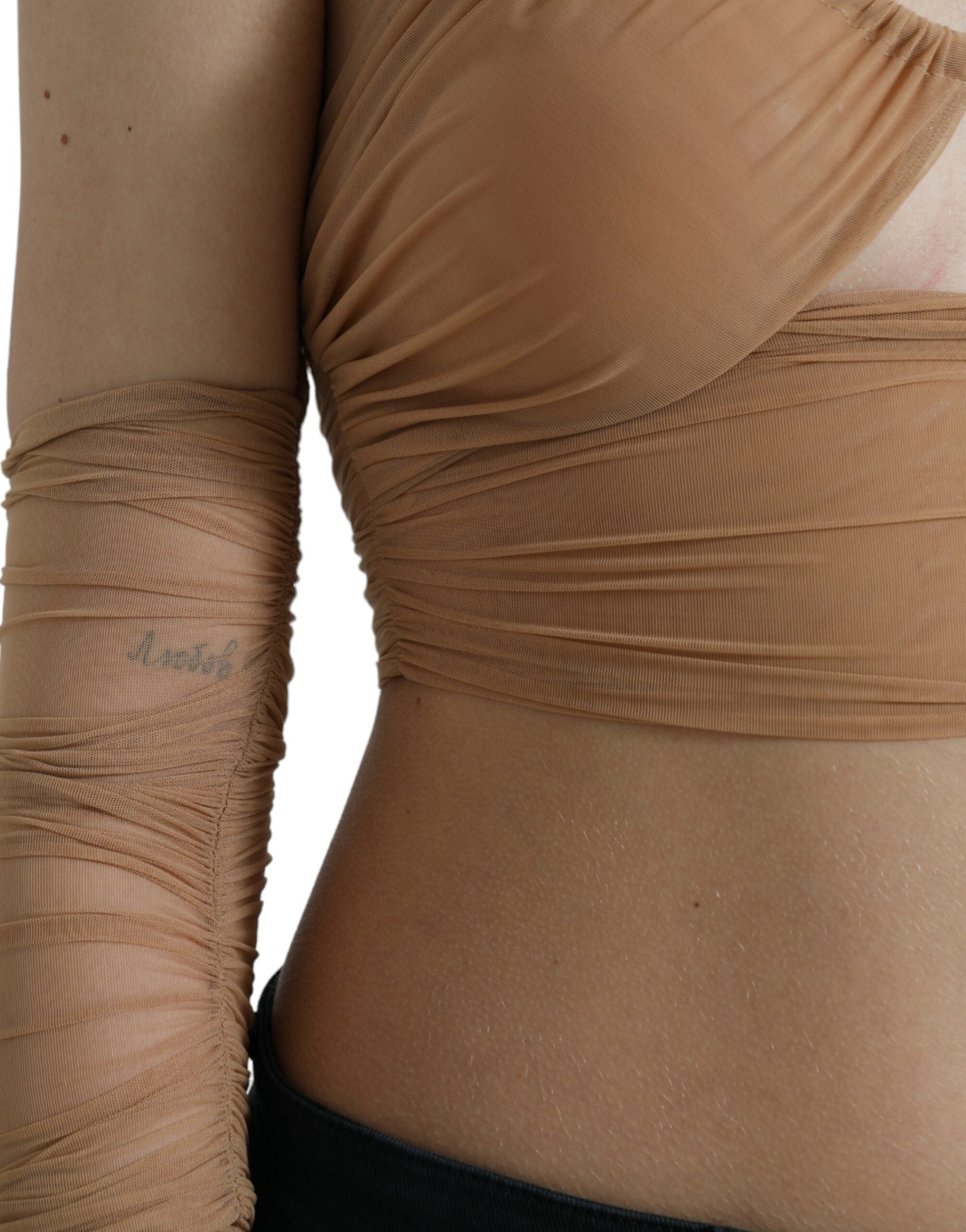 Brown Nylon Stretch Open Shoulder Cropped Top - ventzia