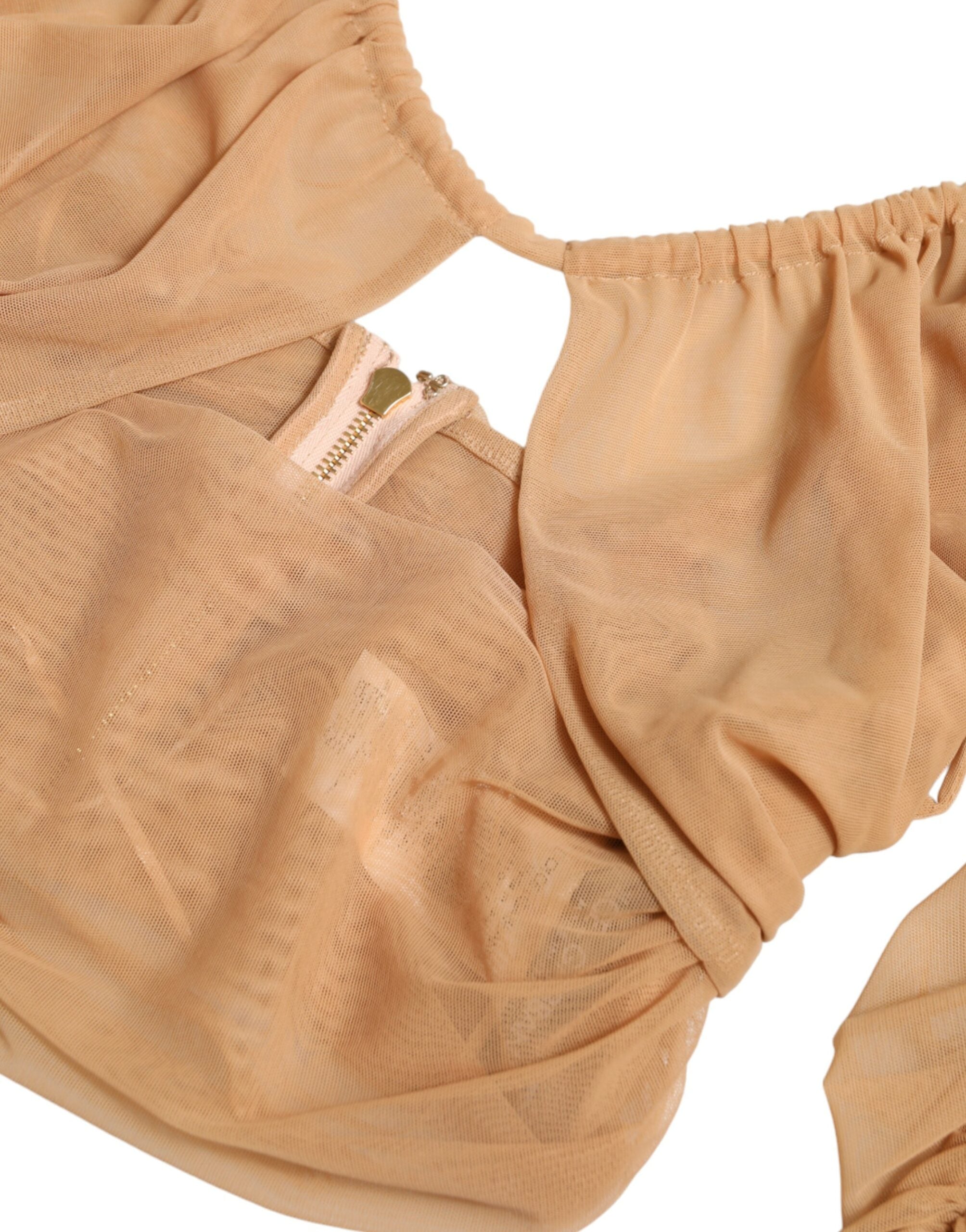 Brown Nylon Stretch Open Shoulder Cropped Top - ventzia