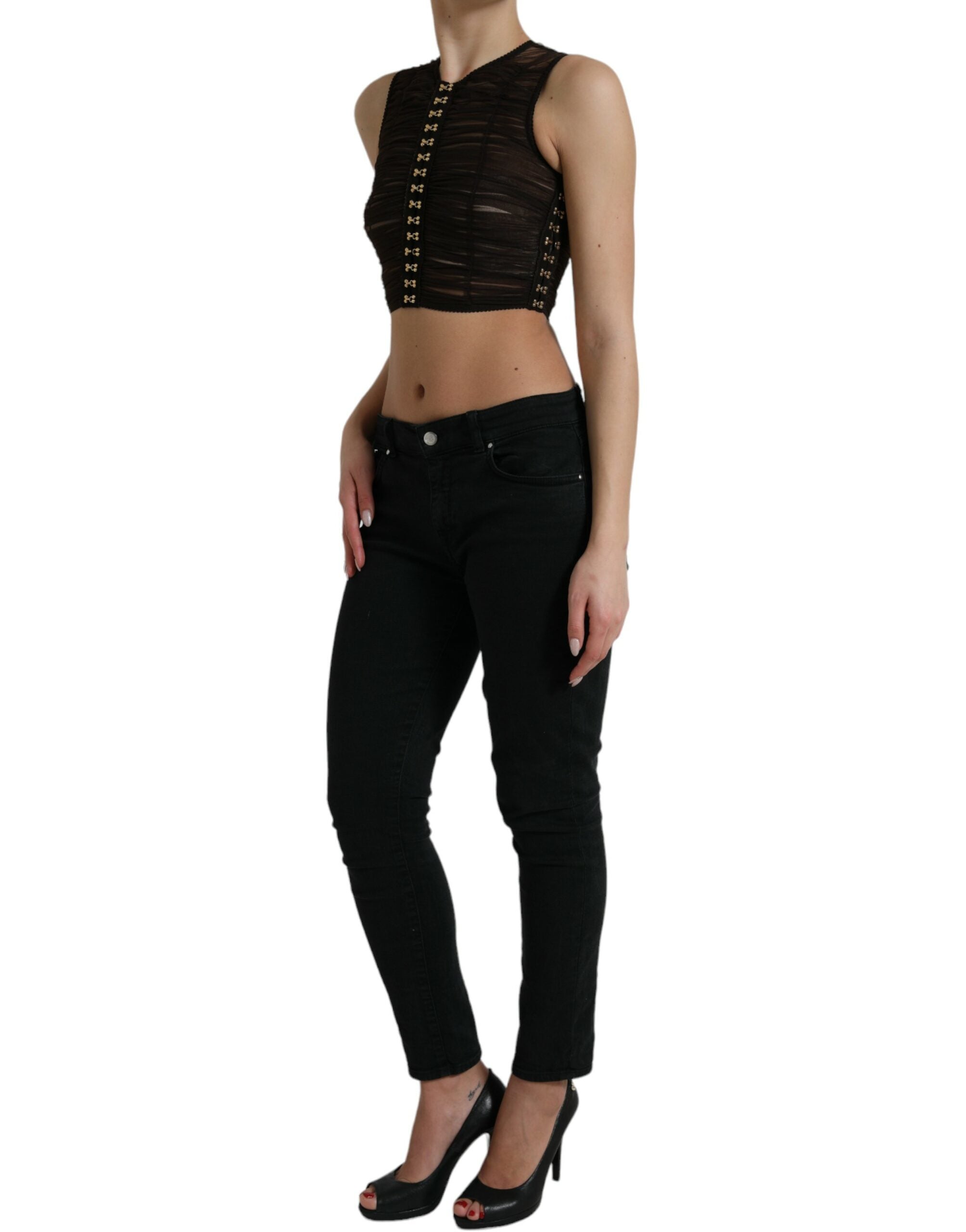 Brown Embellished Nylon Stretch Cropped Top - ventzia