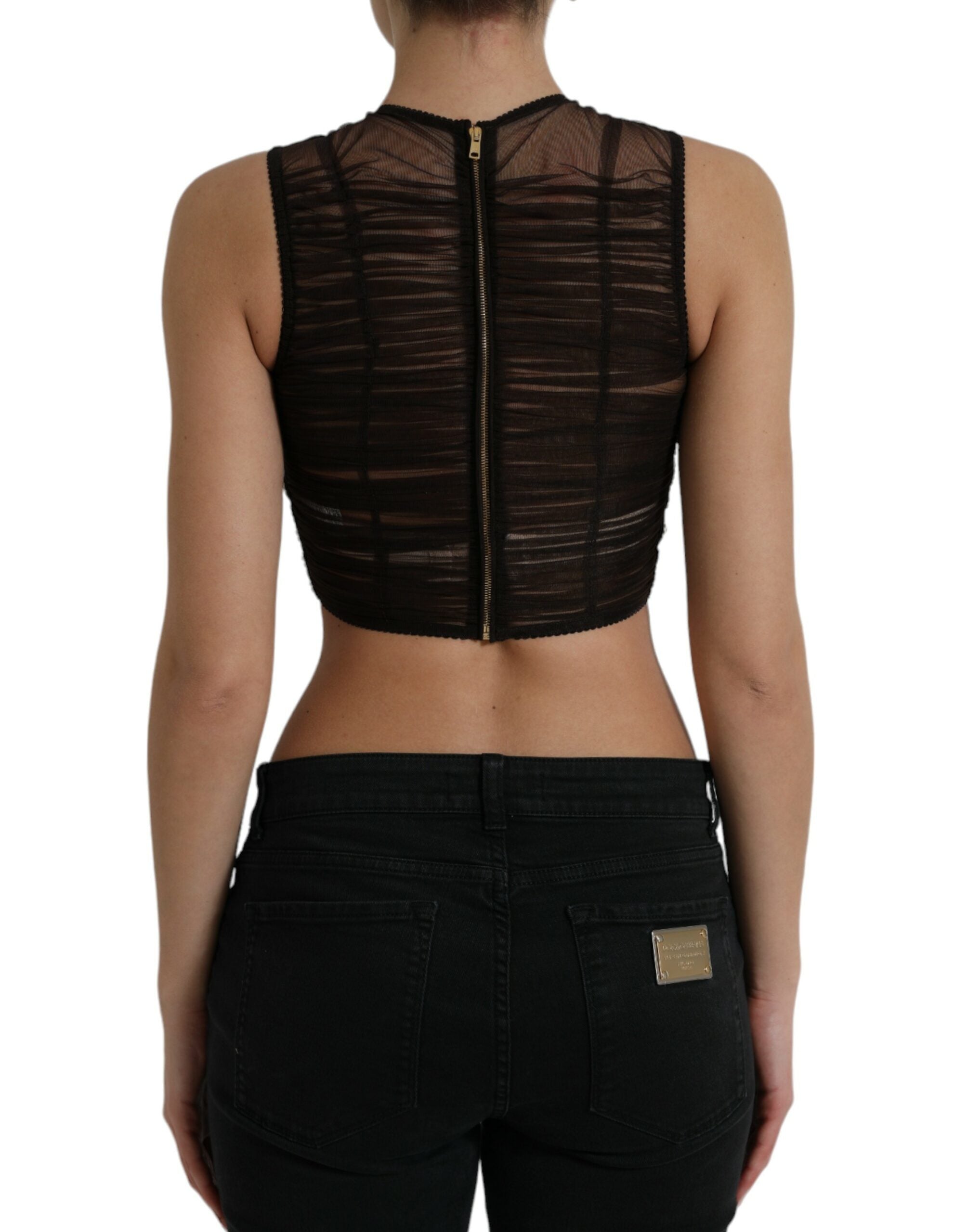 Brown Embellished Nylon Stretch Cropped Top - ventzia