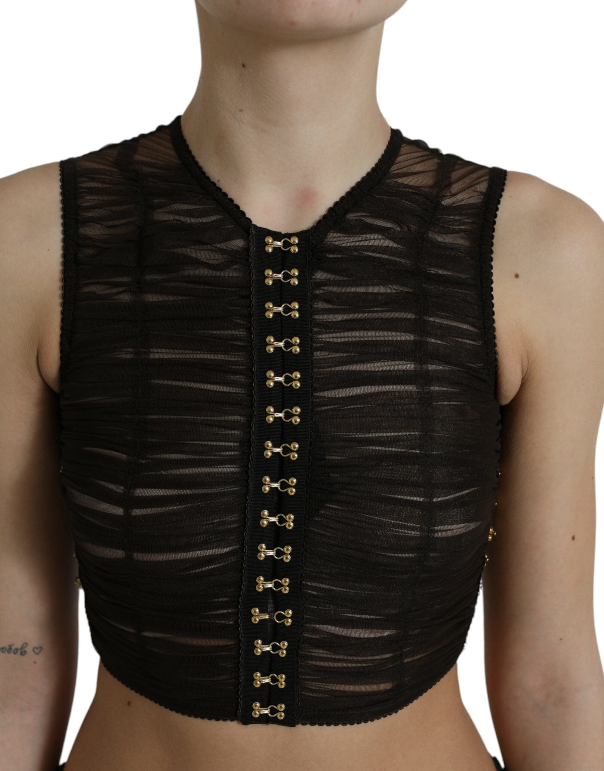 Brown Embellished Nylon Stretch Cropped Top - ventzia