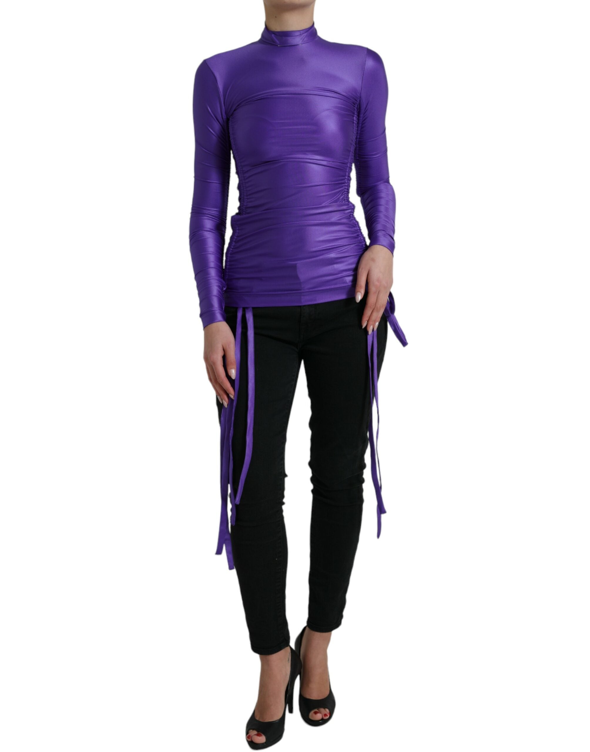 Purple Nylon Stretch Slim Long Sleeves Top - ventzia