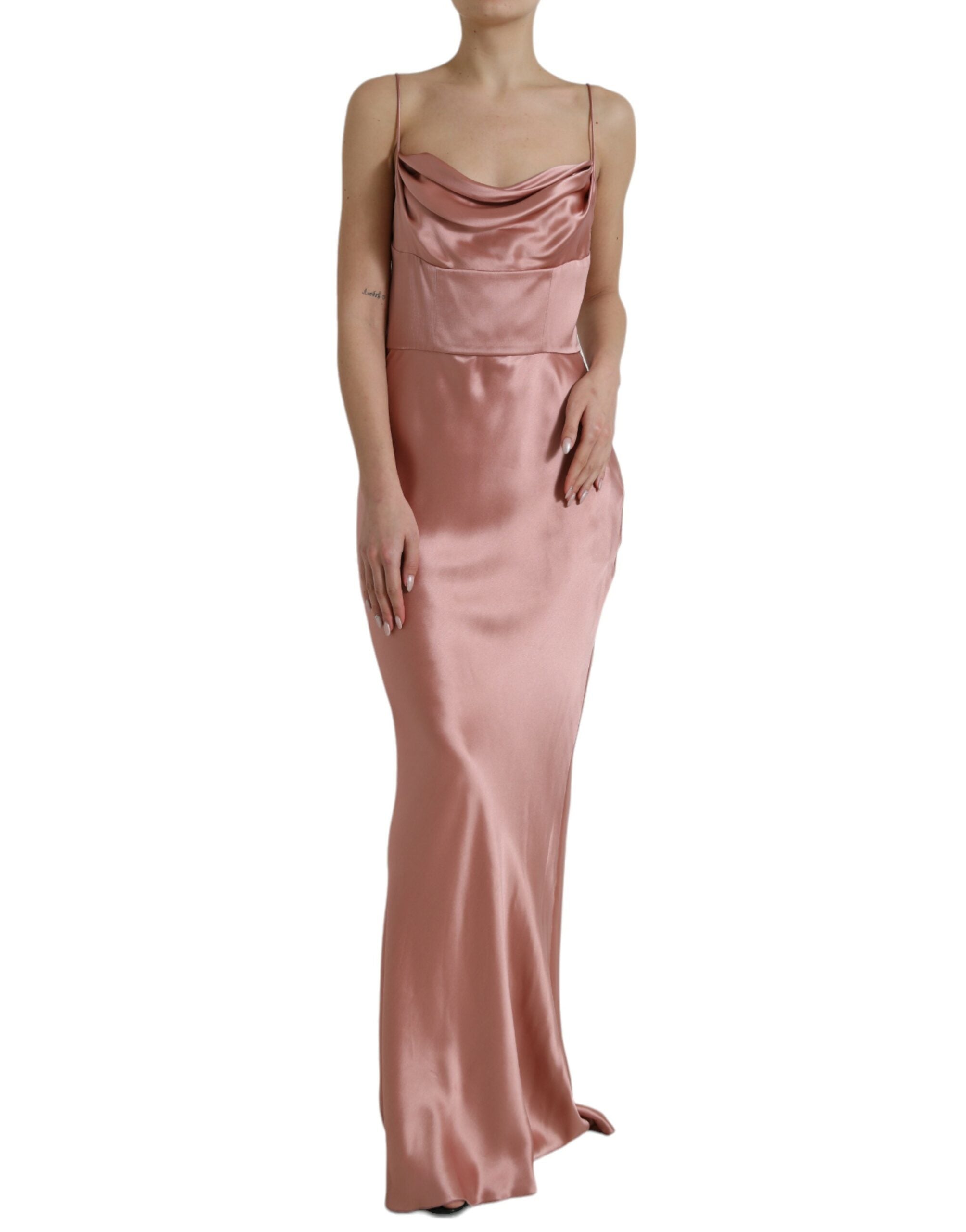 Pink Silk Spaghetti Straps Long Gown Dress - ventzia