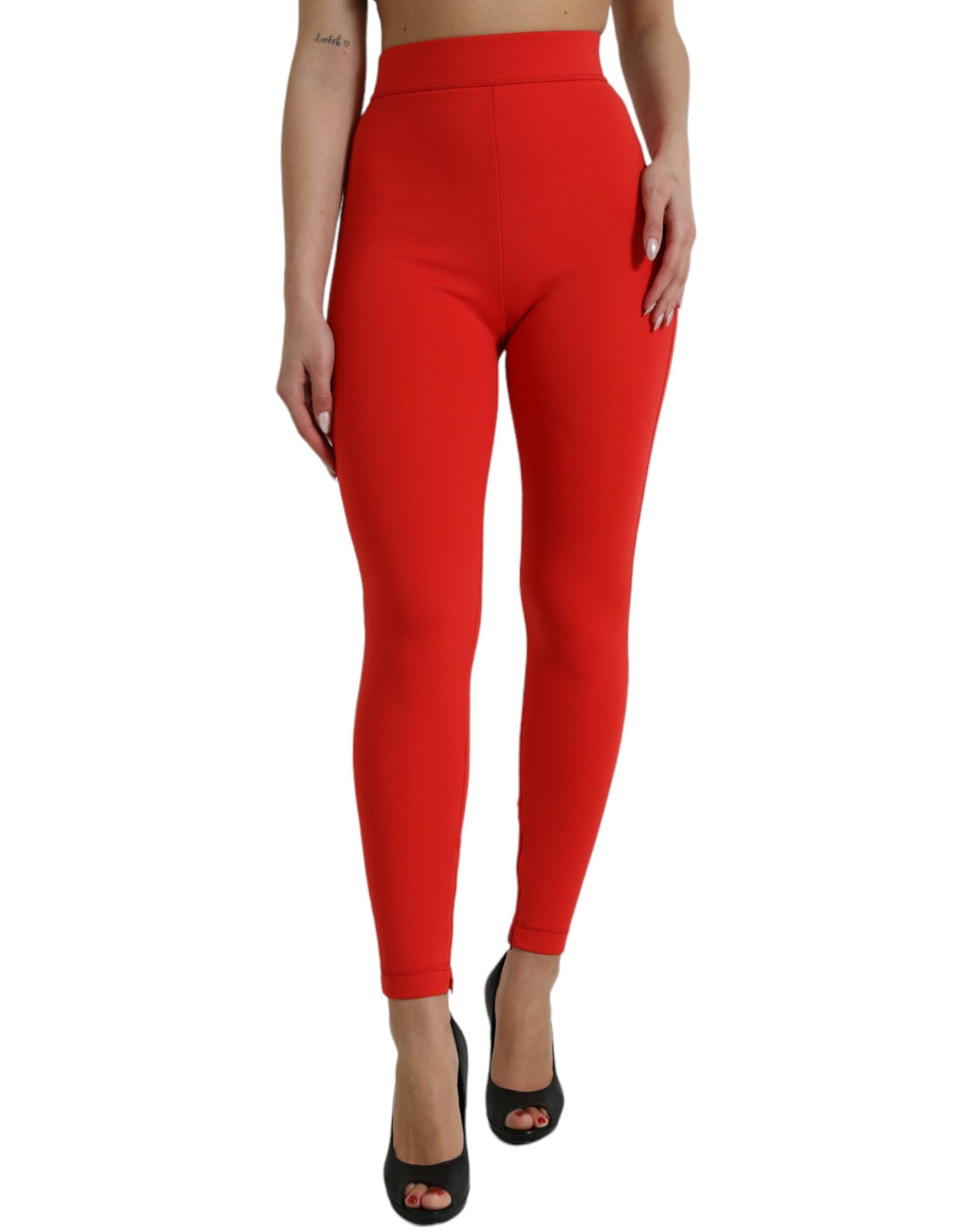 Red Nylon Stretch Slim Leggings Pants - ventzia