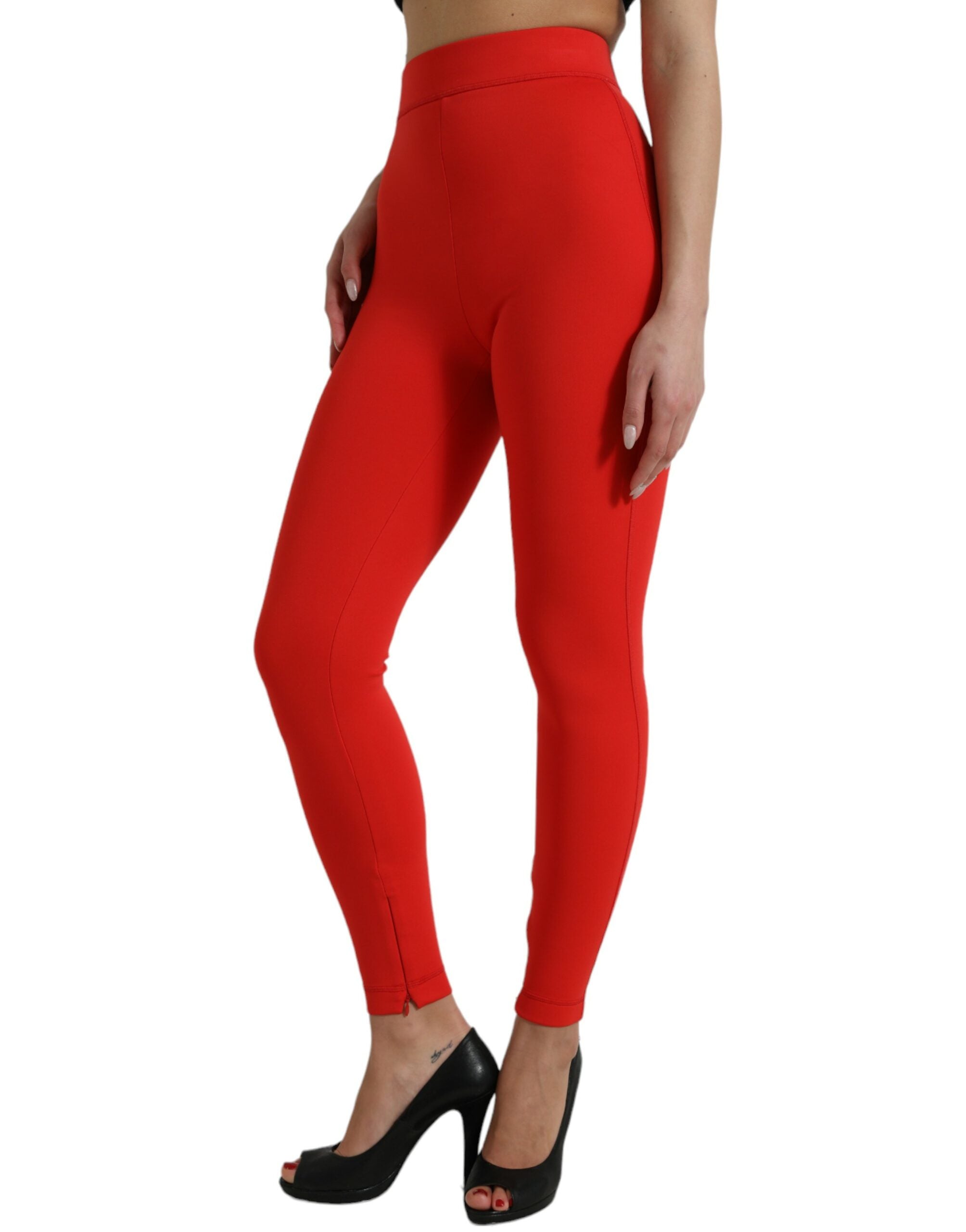 Red Nylon Stretch Slim Leggings Pants - ventzia