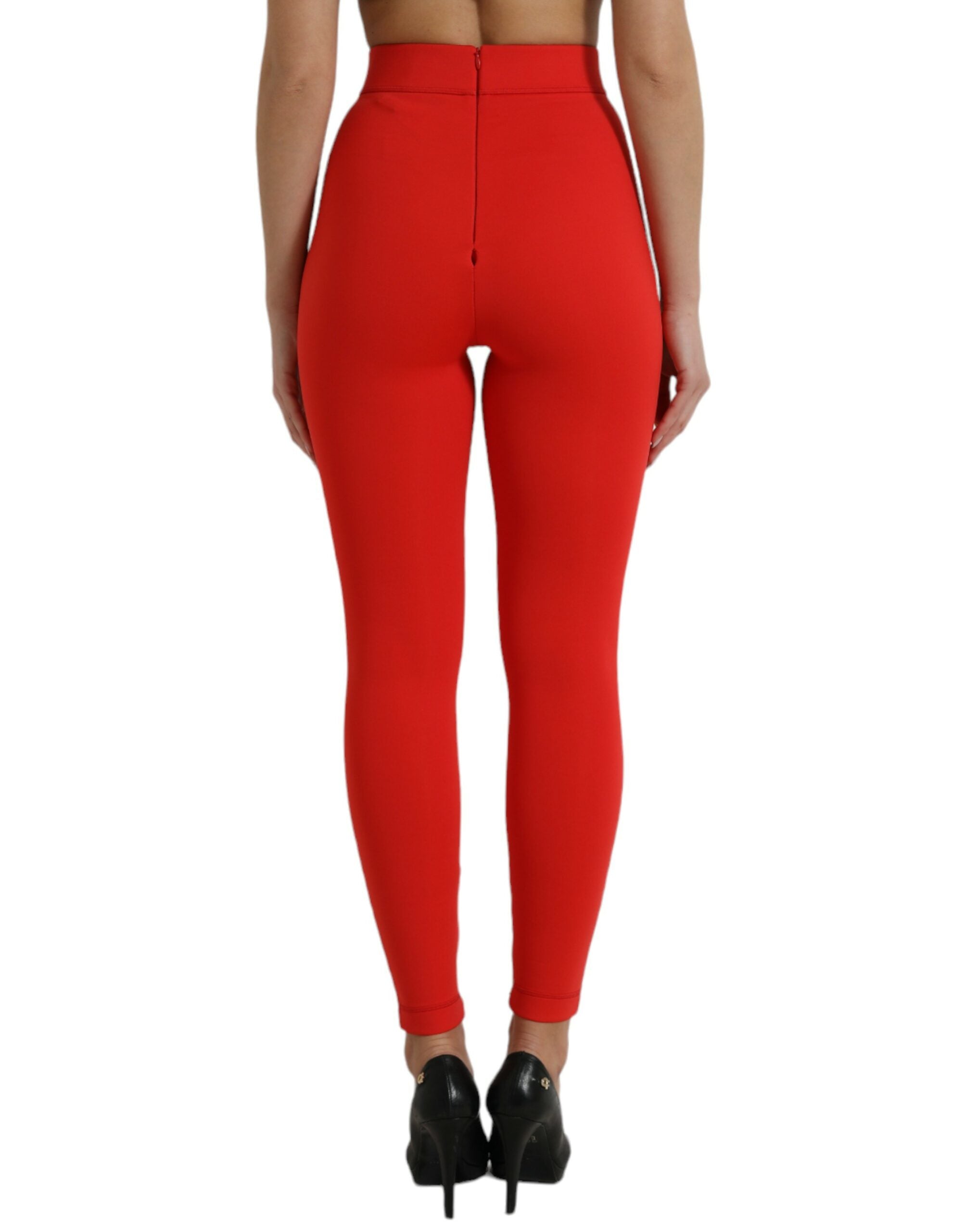 Red Nylon Stretch Slim Leggings Pants - ventzia