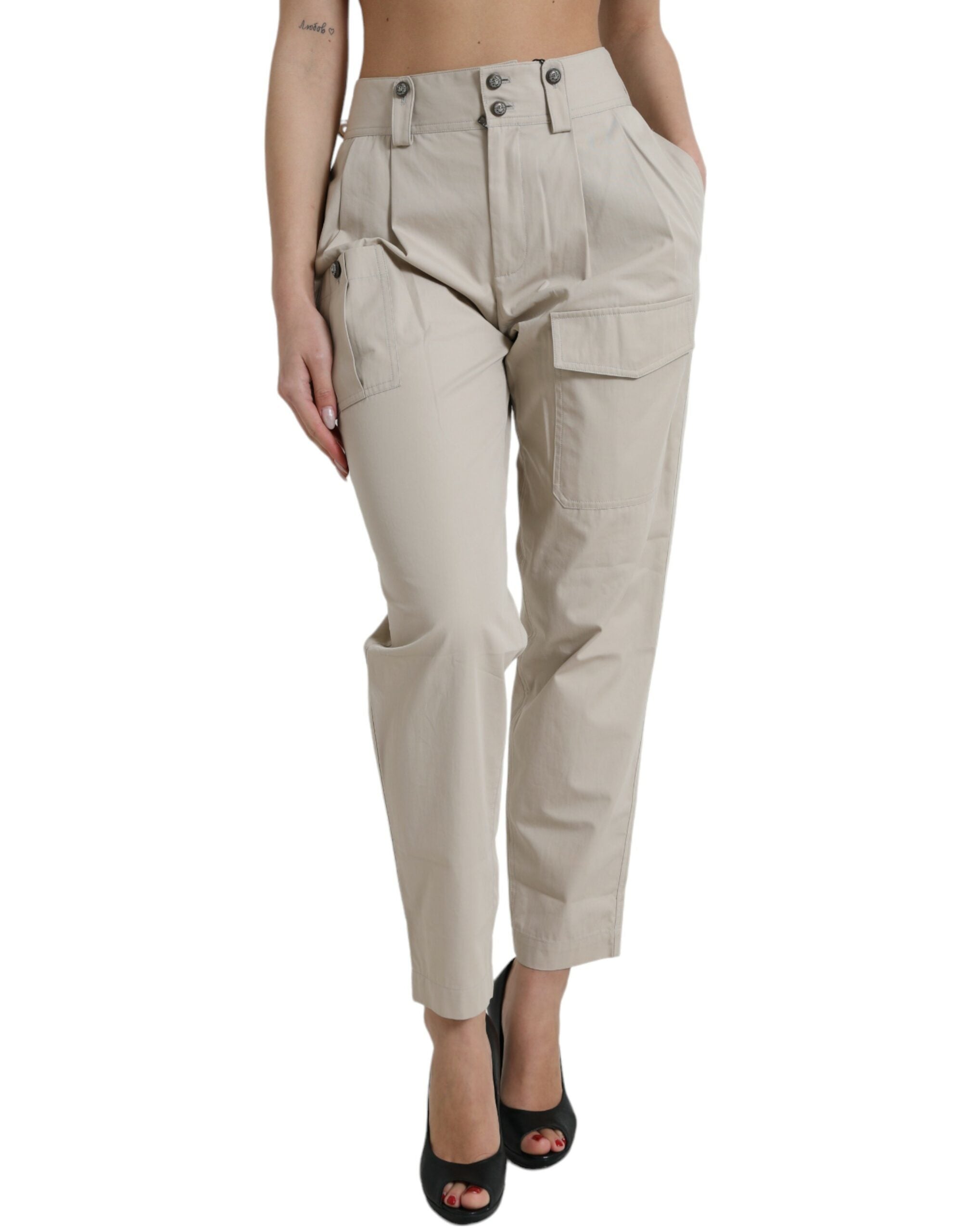 Beige Cotton High Waist Tapered Pants - ventzia