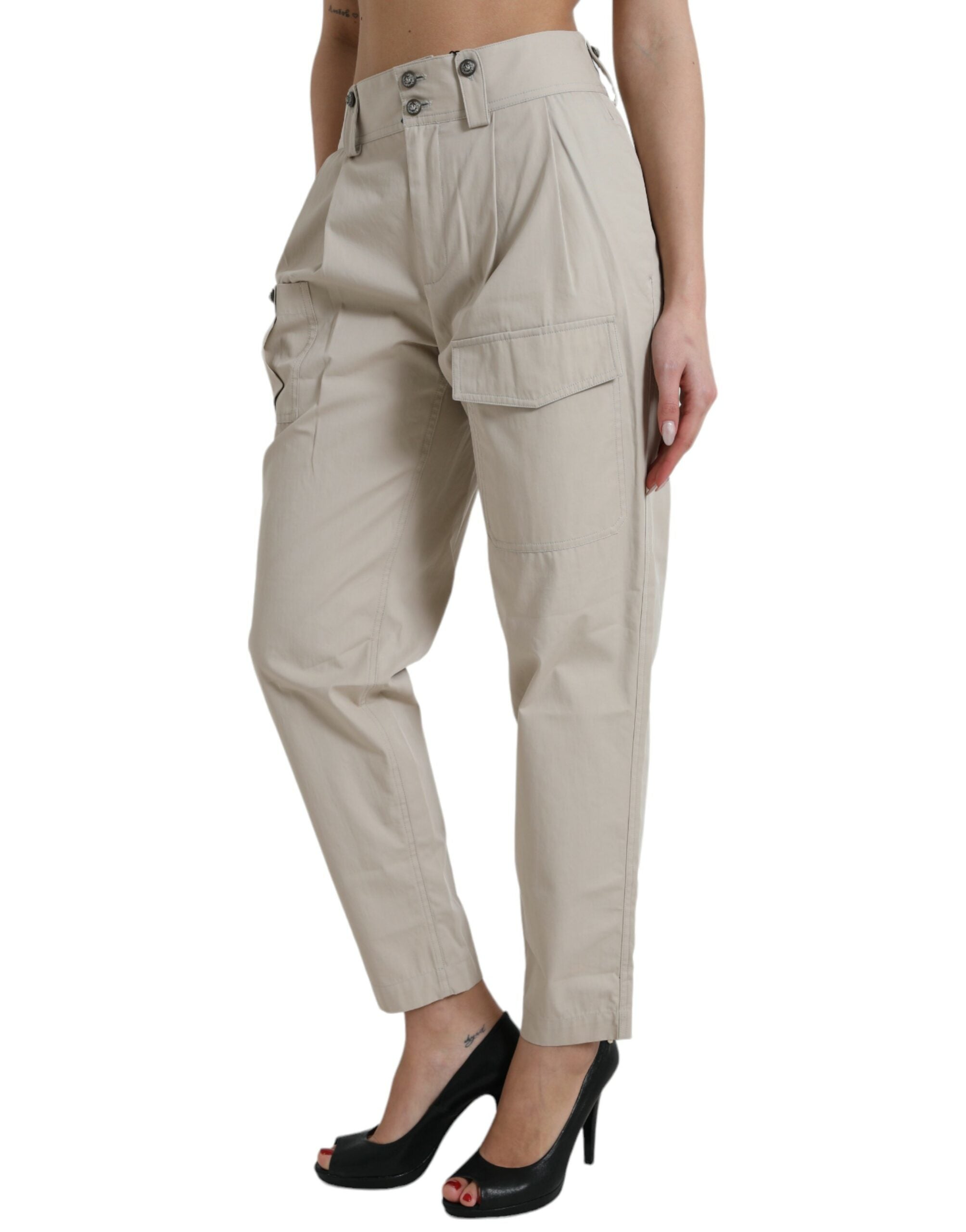 Beige Cotton High Waist Tapered Pants - ventzia