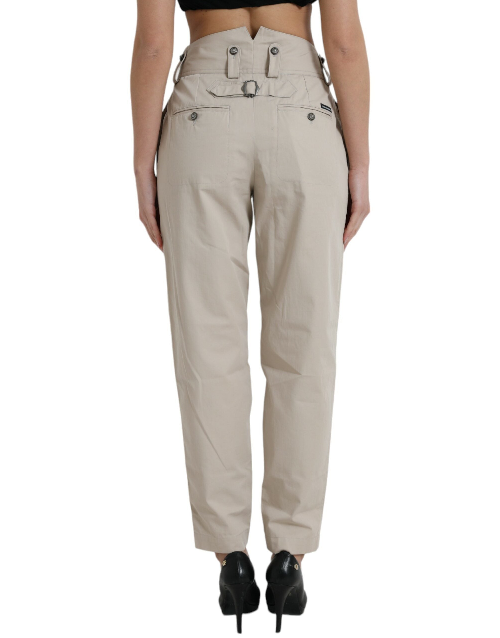 Beige Cotton High Waist Tapered Pants - ventzia